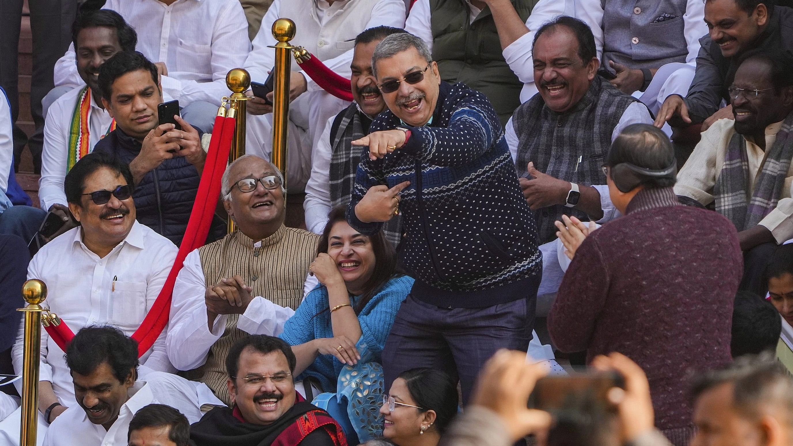 <div class="paragraphs"><p>TMC's Kalyan Banerjee and other suspended MPs stage a protest during the Winter session of Parliament.</p></div>