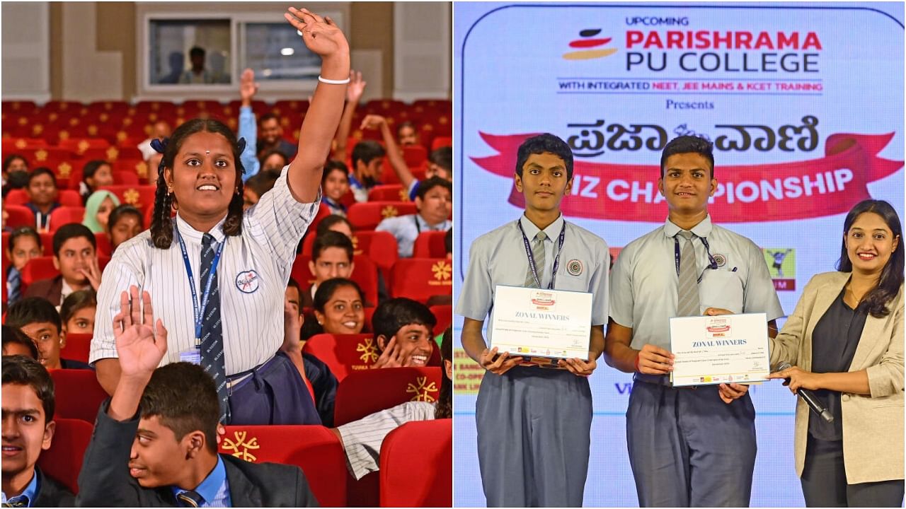 <div class="paragraphs"><p>Students respond to questions at the&nbsp;Prajavani Quiz Championship(L), The winning duo Aryan and Akshay with quizmaster Meghavi Manjunath after winning the Bengaluru zonal championships on Saturday. </p></div>