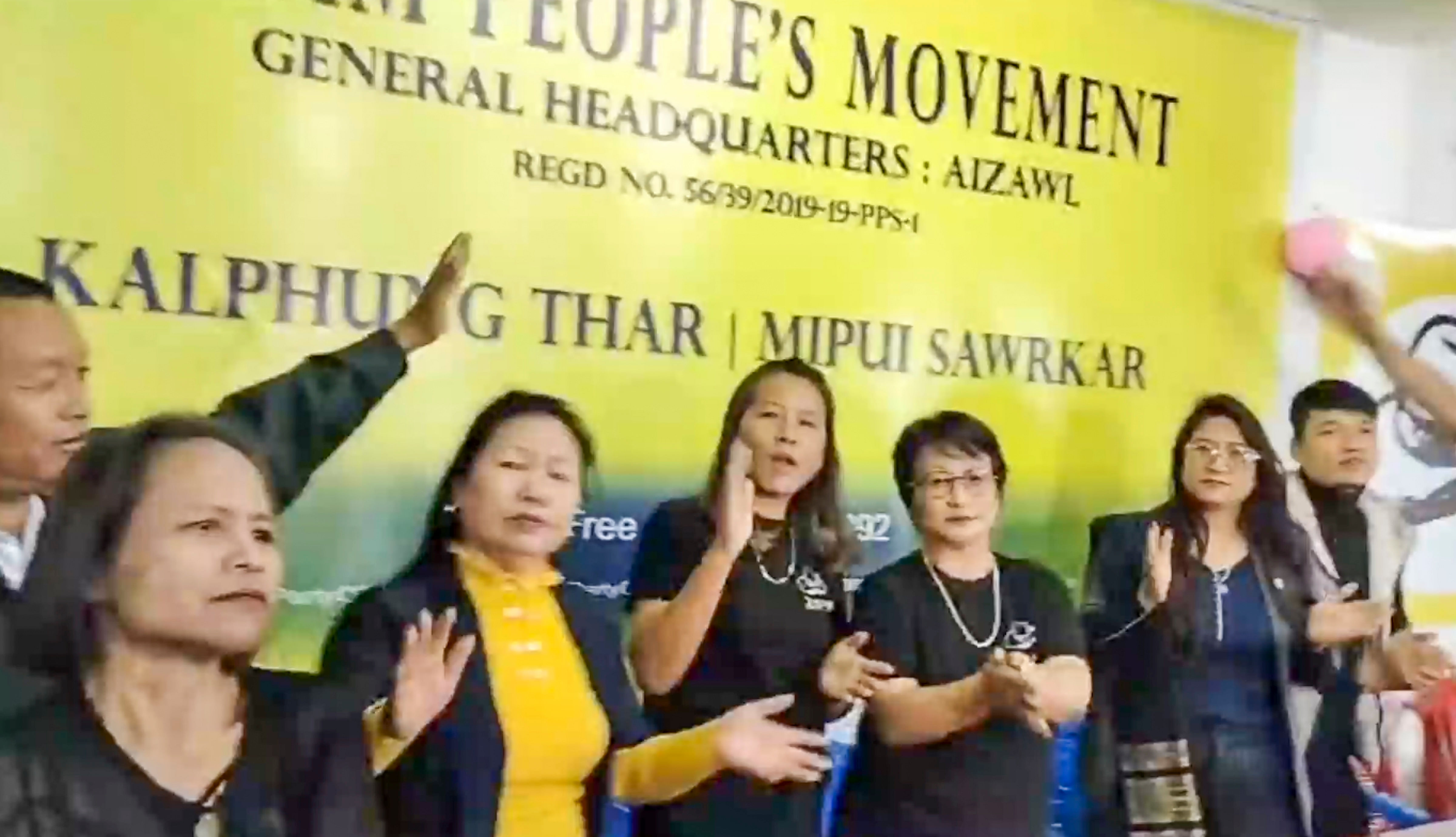 <div class="paragraphs"><p>Zoram People's Movement (ZPM) workers celebrate party's lead during counting of votes for the Mizoram Assembly elections, in Aizawl, Monday, Dec. 4, 2023.</p></div>