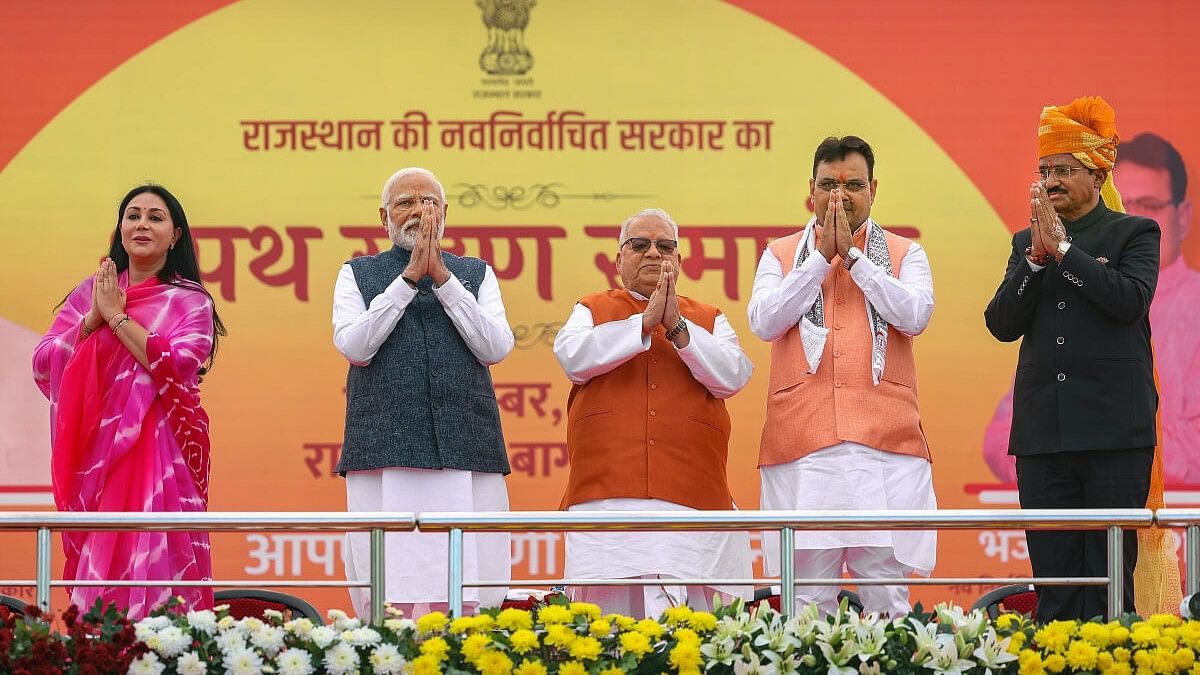 <div class="paragraphs"><p>PM Narendra Modi with Rajasthan Governor Kalraj Mishra, CM-designate Bhajan Lal Sharma and his deputies Diya Kumari and Prem Chand Bairwa during the swearing-in ceremony of the Chief Minister, in Jaipur.&nbsp;</p></div>