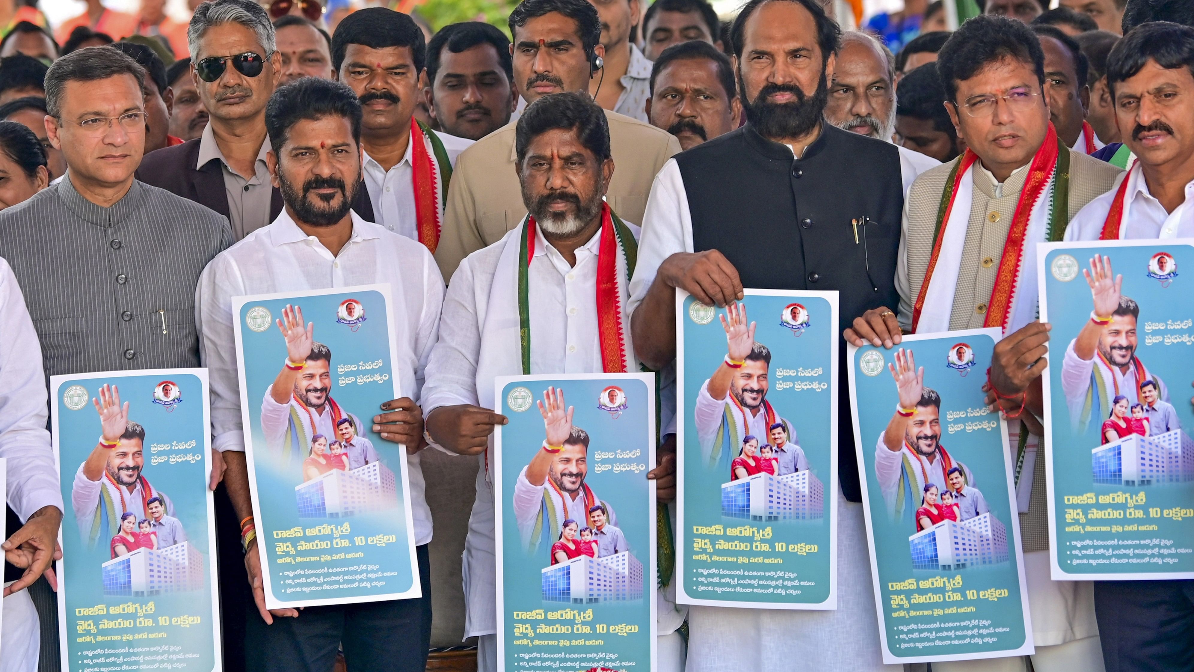 <div class="paragraphs"><p>Telangana Chief Minister A Revanth Reddy and other leaders during the launch of the free medical facility under Rajiv Arogya Padha - Cheyuta and Schemes, in Hyderabad, Saturday, Dec. 9, 2023. </p></div>