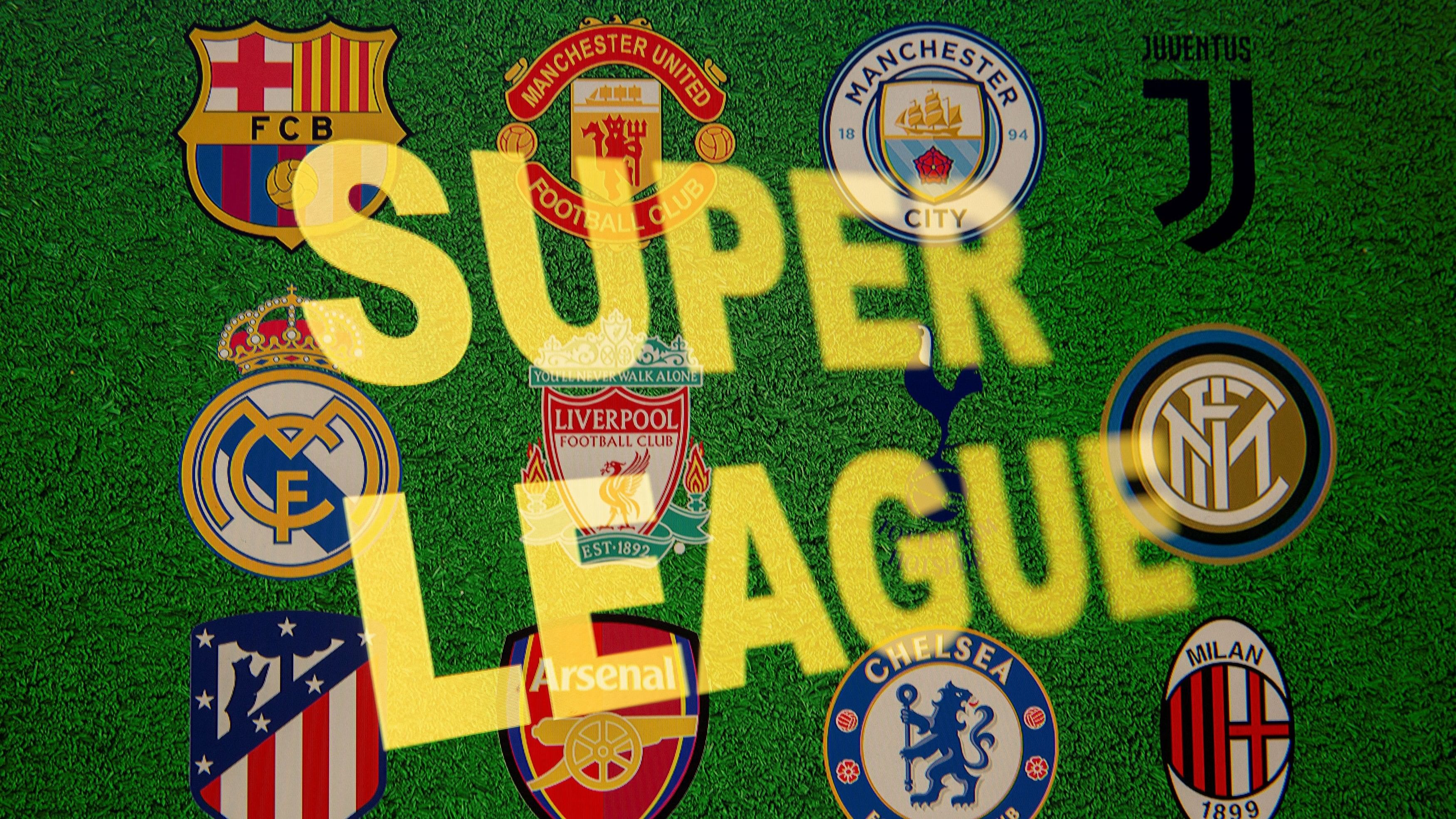 <div class="paragraphs"><p>The words 'Super League'&nbsp;are seen in front of twelve of Europe's top football clubs logos in this illustration.</p></div>