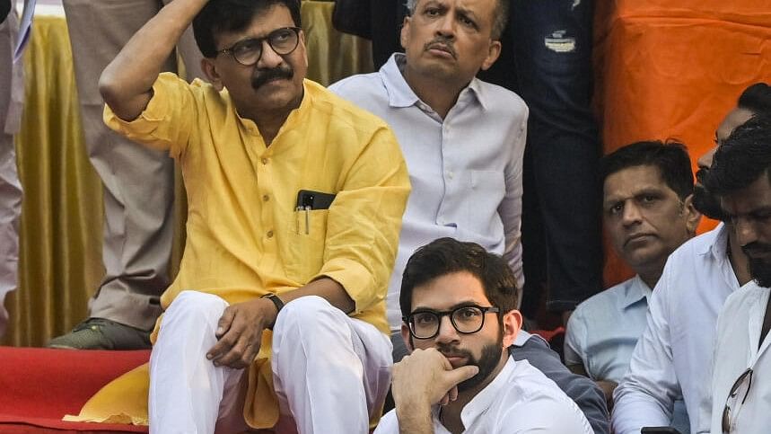 <div class="paragraphs"><p>Shiv Sena (UBT) leader Aaditya Thackeray with Sanjay Raut during a protest march over the Dharavi redevelopment project, in Mumbai, Saturday, Dec. 16, 2023.</p></div>