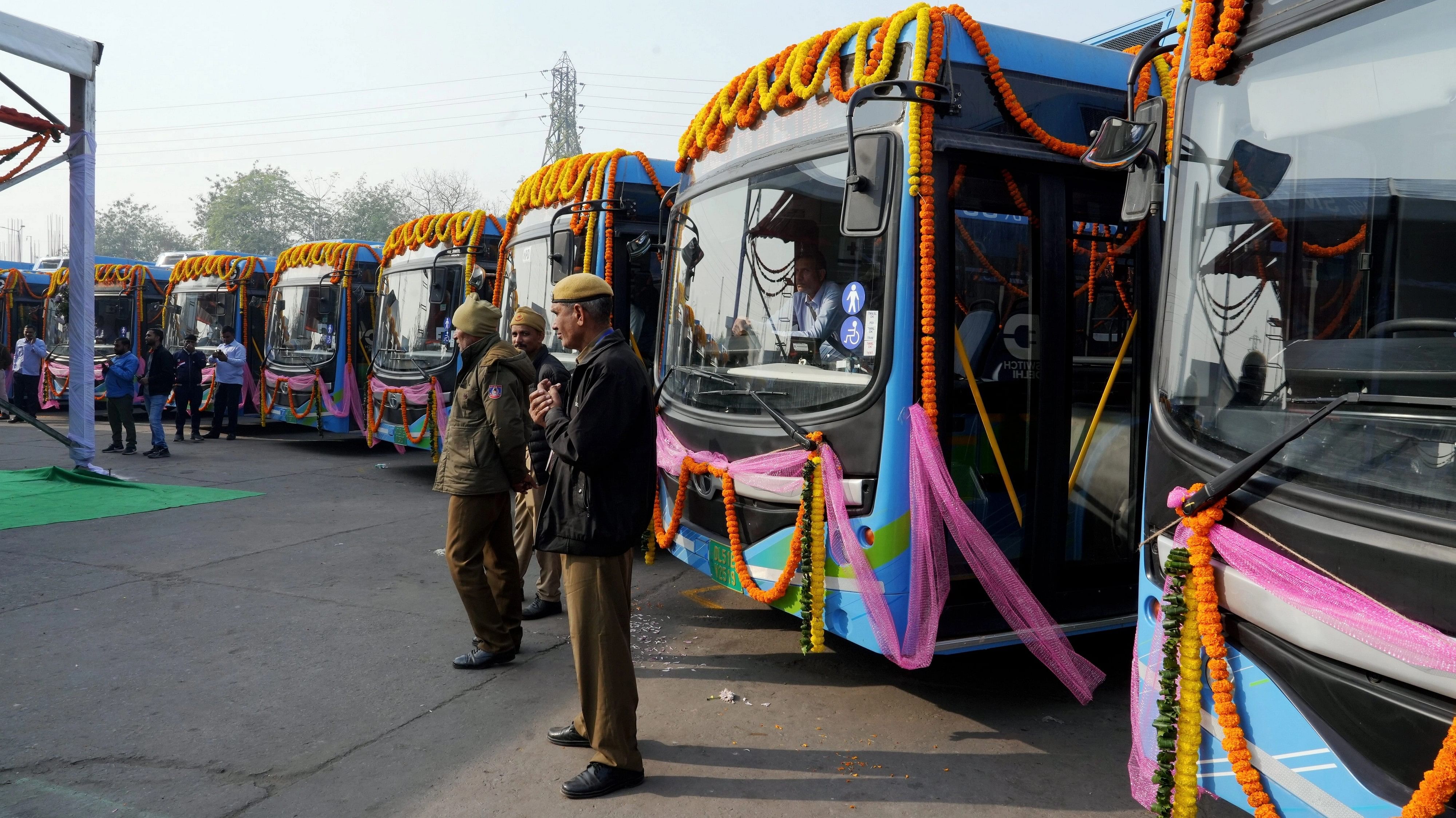 <div class="paragraphs"><p>New Delhi: Electric buses parked at IP Depot during their flag-off ceremony, in New Delhi, Thursday, Dec 14, 2023.</p></div>
