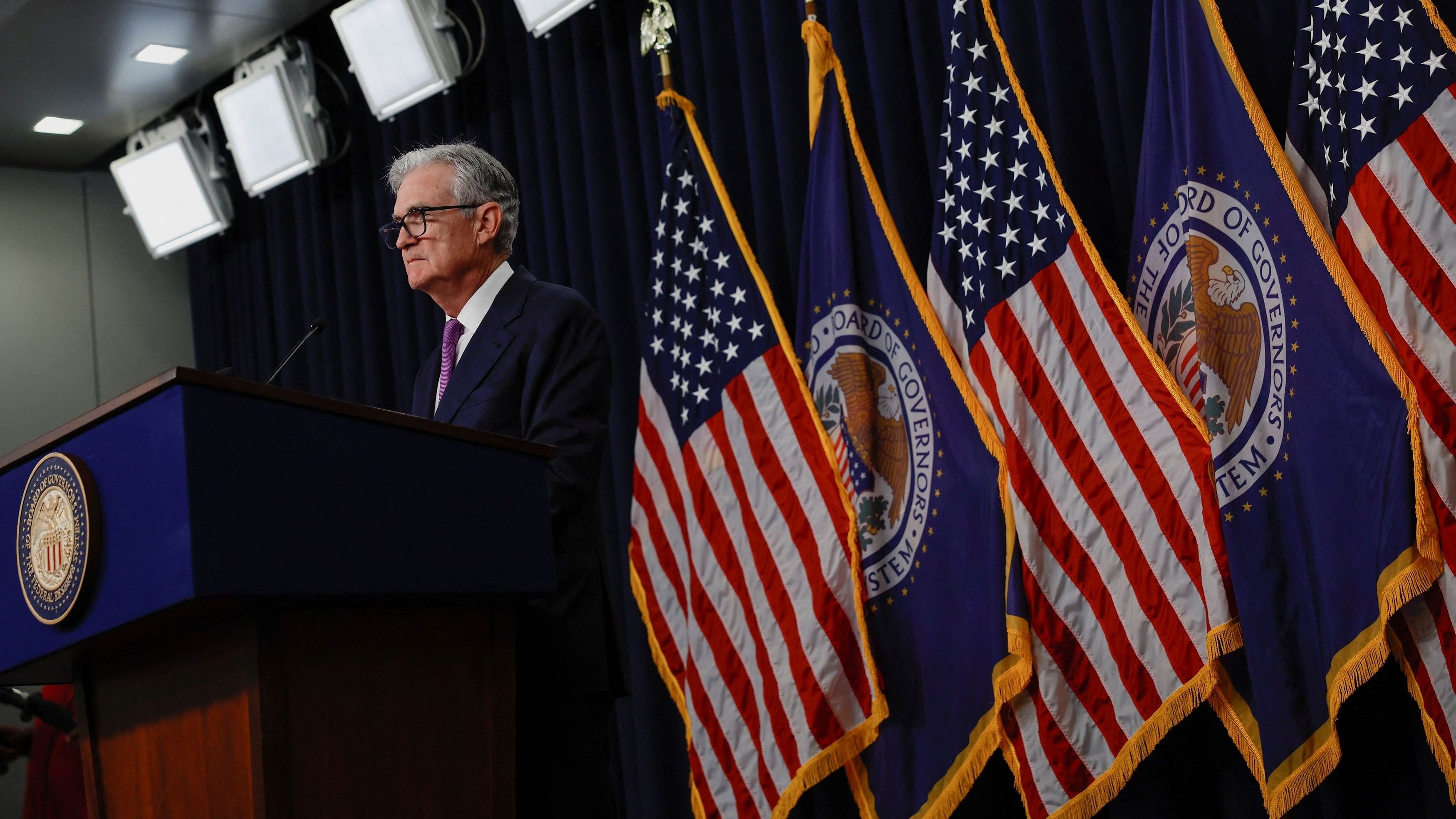 <div class="paragraphs"><p>US Federal Reserve Chairman Jerome Powell takes questions from reporters during a press conference after the release of the Fed policy decision to leave interest rates unchanged, at the Federal Reserve in Washington.</p></div>