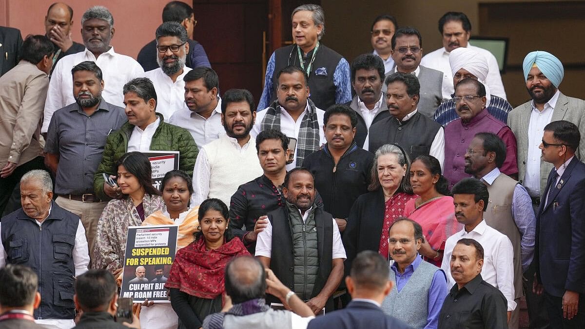 <div class="paragraphs"><p>Congress MP Sonia Gandhi with suspended MPs during the Winter session of Parliament, in New Delhi.&nbsp;</p></div>