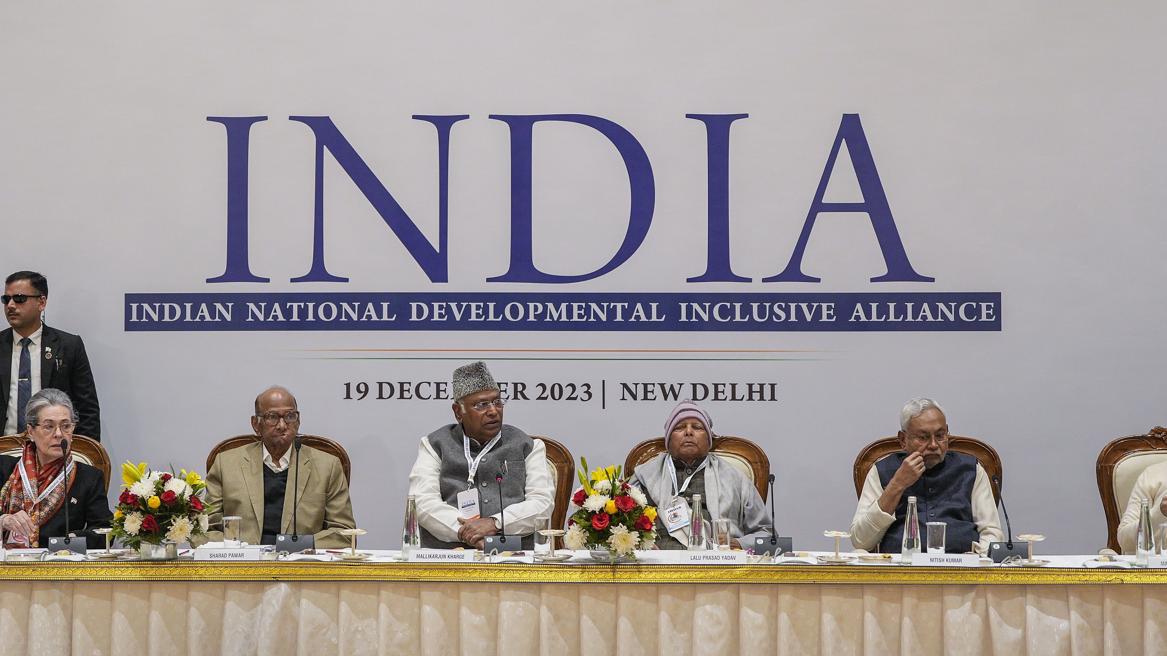 <div class="paragraphs"><p>New Delhi: (L-R) Congress leader Sonia Gandhi, NCP Chief Sharad Pawar, Congress President Mallikarjun Kharge, RJD chief Lalu Prasad Yadav, Bihar Chief Minister Nitish Kumar  during the Indian National Developmental Inclusive Alliance's meeting.</p></div>