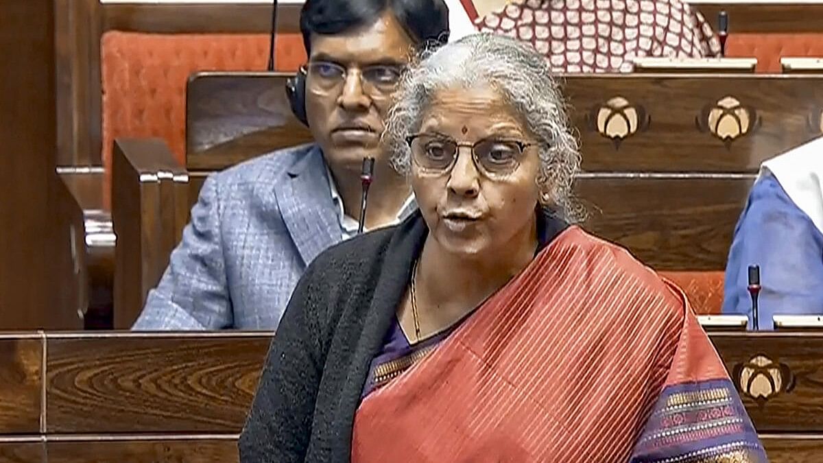 <div class="paragraphs"><p>Union Minister Nirmala Sitharaman speaks in the Rajya Sabha during the Winter session of Parliament, in New Delhi, Tuesday, Dec. 12, 2023.</p></div>