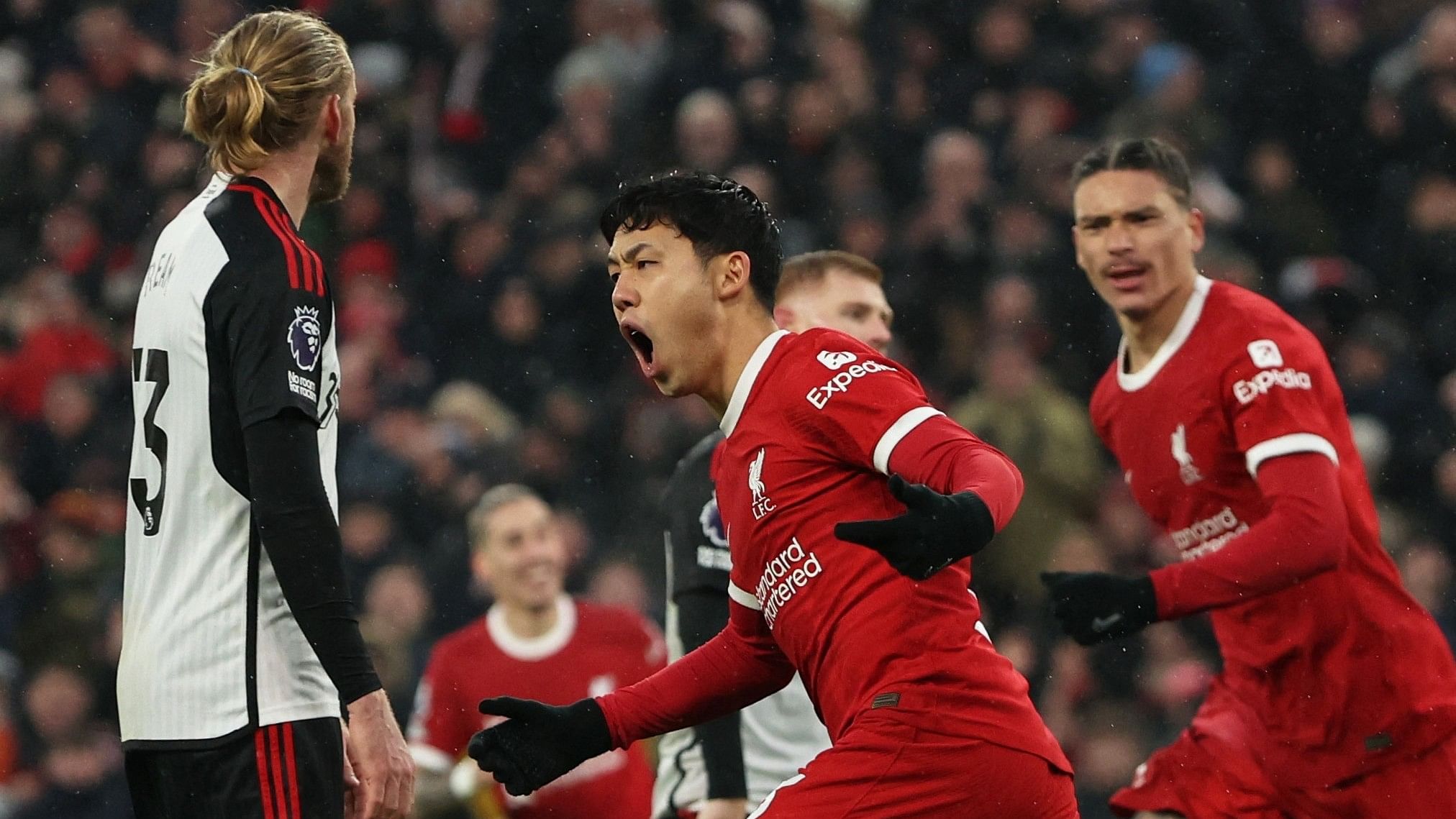 <div class="paragraphs"><p>Liverpool's Wataru Endo celebrates scoring their third goal.&nbsp;</p></div>