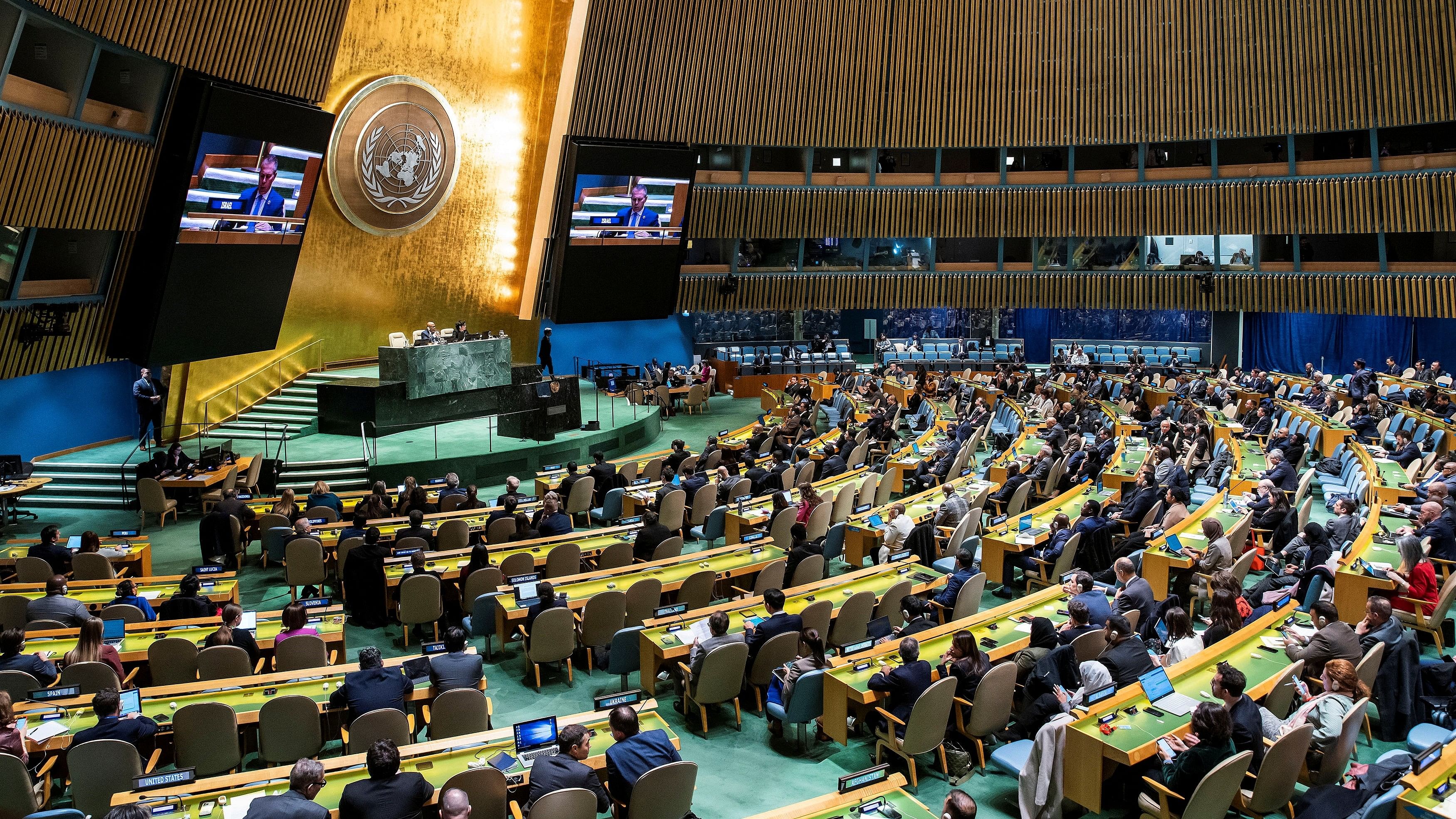 <div class="paragraphs"><p>Israeli ambassador to the UN Gilad Erdan speaks to delegates during the United Nations General Assembly expected to vote on ceasefire resolution, amid the ongoing conflict between Israel and the Palestinian Islamist group Hamas.</p></div>