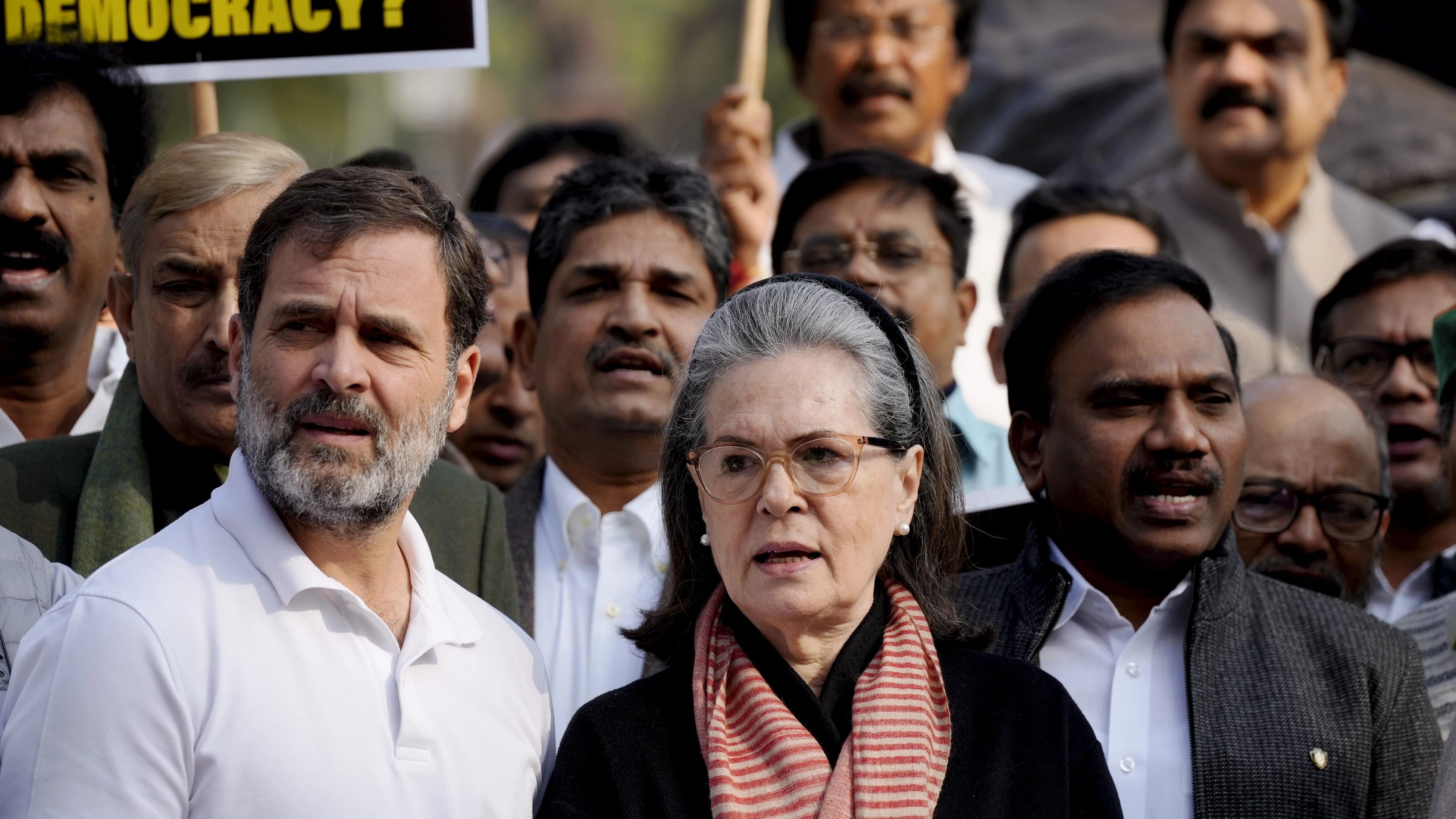 <div class="paragraphs"><p>Congress leaders Sonia Gandhi and Rahul Gandhi and other opposition leaders during a protest over the suspension of MPs amid the Winter session of Parliament, in New Delhi, Wednesday, Dec. 20, 2023. </p></div>