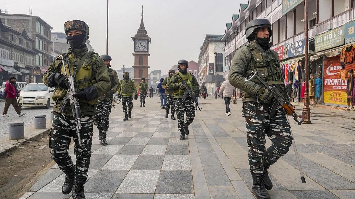 <div class="paragraphs"><p>Security personnel patrol at Lal Chowk after security was beefed up on the day of the Supreme Court's verdict on a batch of petitions challenging the abrogation of Article 370 of the Constitution, in Srinagar.</p></div>