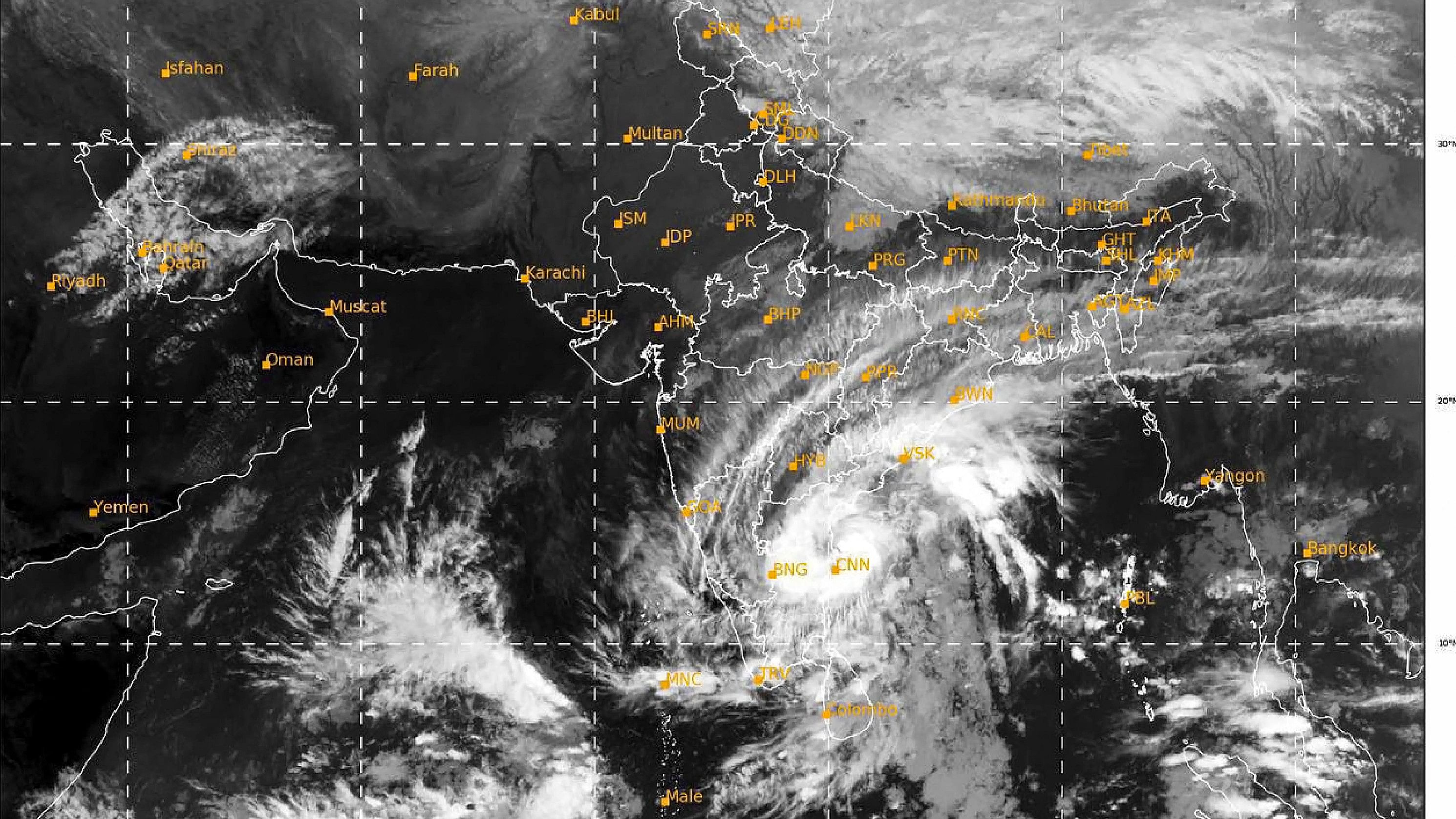 <div class="paragraphs"><p>Satellite image taken between 06:00 pm and 06:26 pm IST shows the location of Cyclone Michaung in the Bay of Bengal, on Monday, Dec. 4, 2023.</p></div>