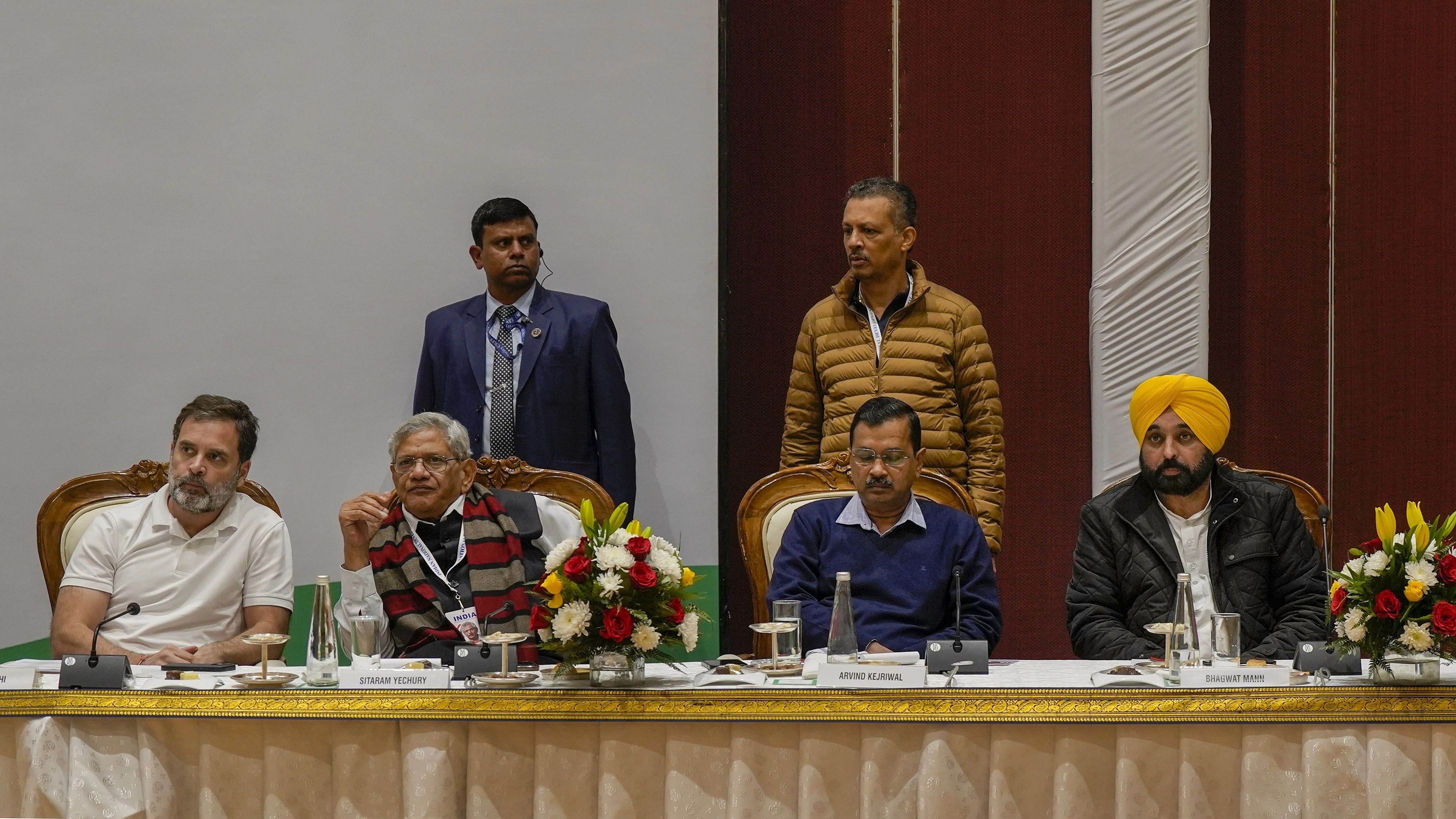 <div class="paragraphs"><p>Congress leader Rahul Gandhi with CPI(M) General Secretary Sitaram Yechury, Delhi CM and AAP Convenor Arvind Kejriwal, Punjab CM Bhagwant Mann and PDP chief Mehbooba Mufti during the Indian National Developmental Inclusive Alliance (INDIA) meeting, in New Delhi, Tuesday, Dec. 19, 2023. </p></div>