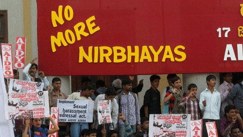 <div class="paragraphs"><p>Members of various organisations participate in a demonstration against crimes on women on Nirbhaya's death anniversary.</p></div>