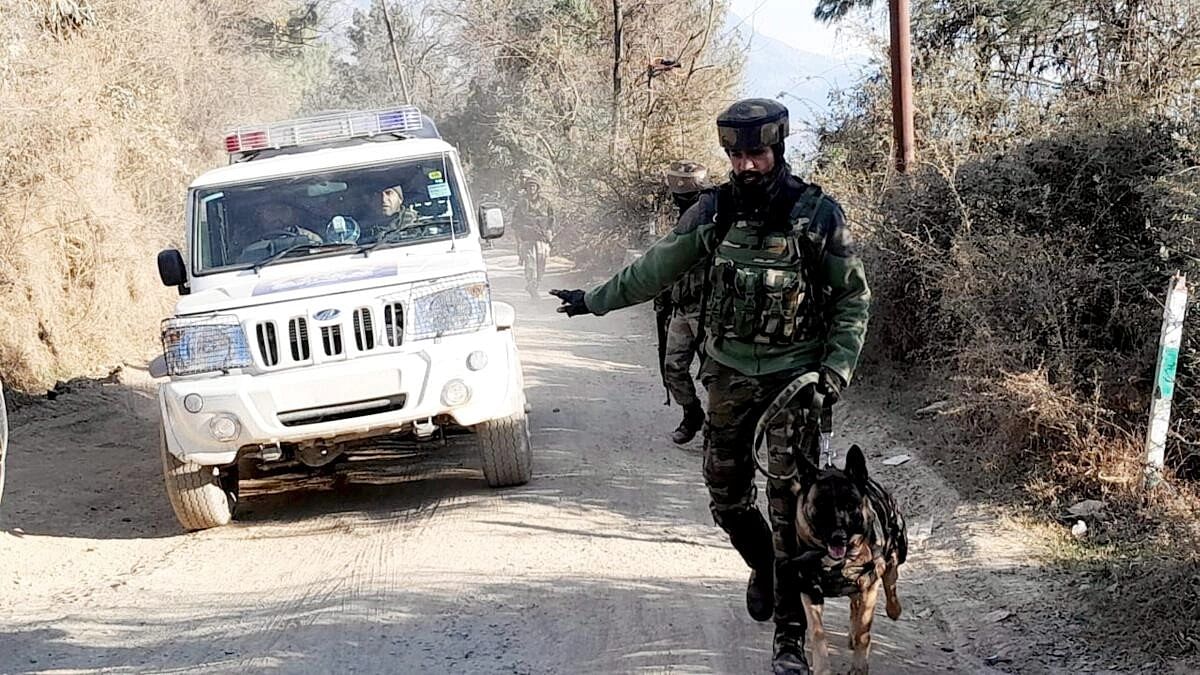 <div class="paragraphs"><p>Security personnel during a cordon and search operation near the site where Army vehicles were ambushed by terrorists on Thursday, in Poonch.</p></div>