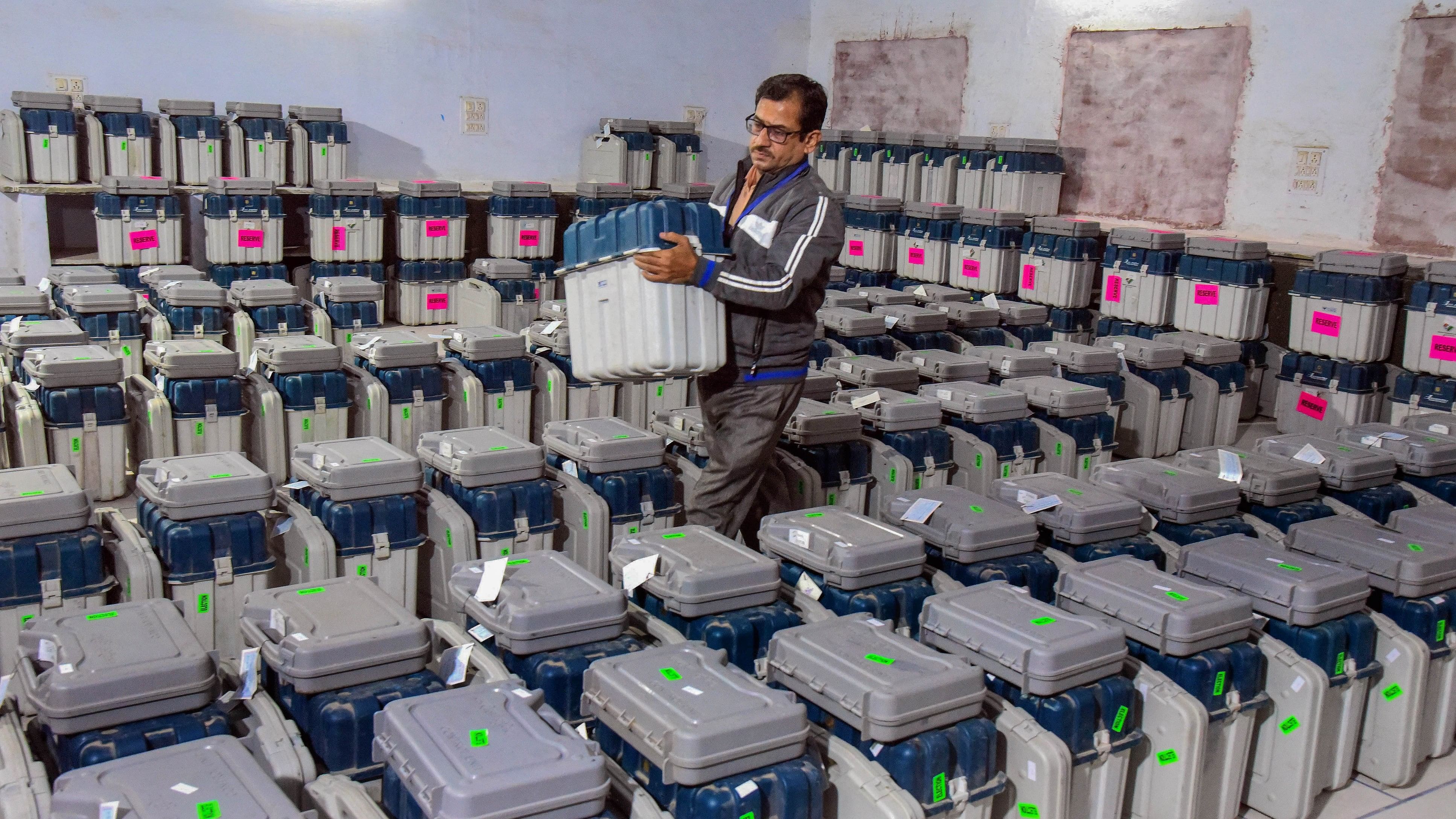 <div class="paragraphs"><p>EVMs and other election material kept at distribution centre on the eve of voting for Rajasthan Assembly elections, in Bikaner.&nbsp;</p></div>