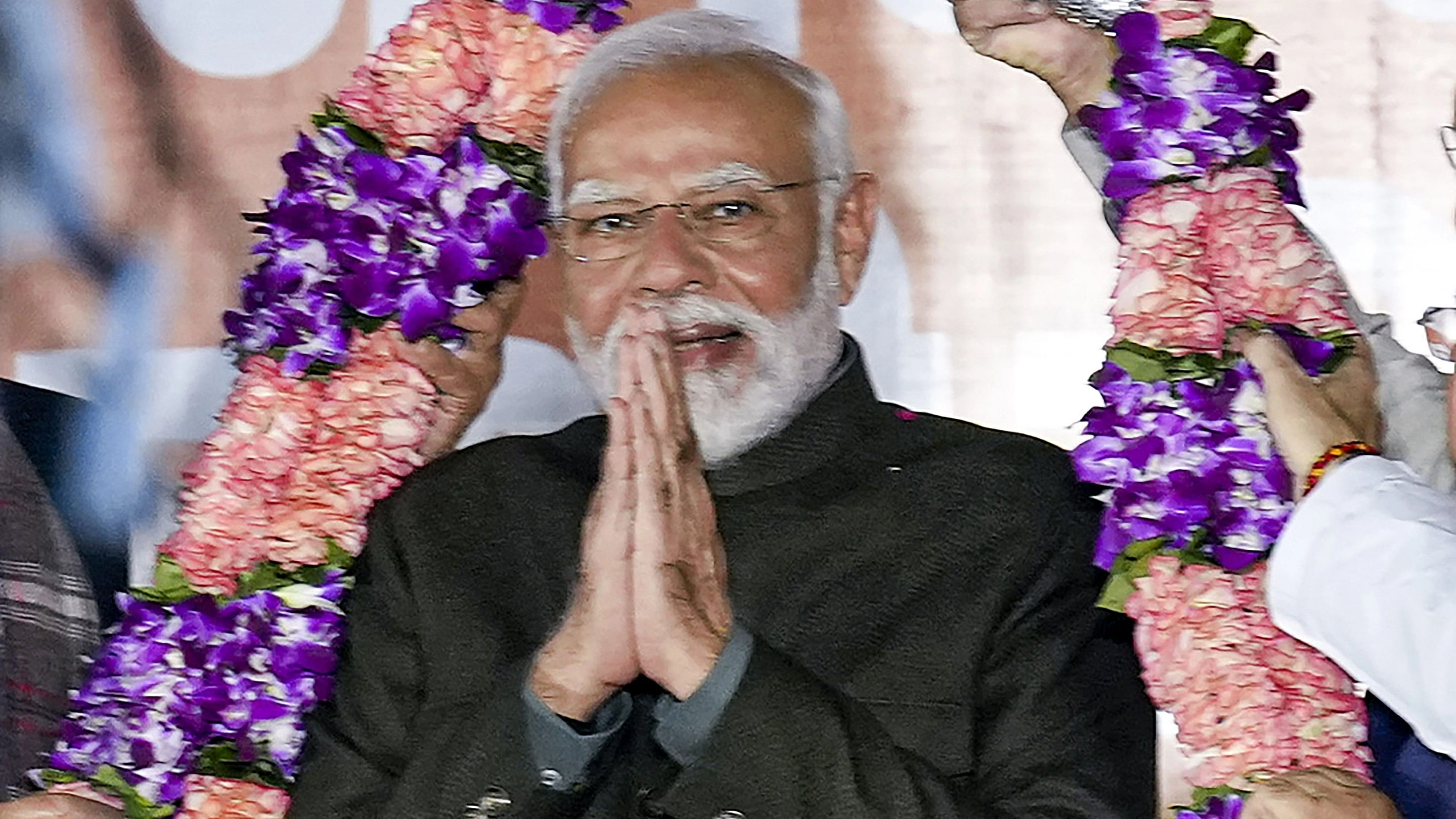 <div class="paragraphs"><p>Prime Minister and senior BJP leader Narendra Modi during celebrations after party's victory in elections to the Legislative Assemblies of Madhya Pradesh, Rajasthan and Chhattisgarh, at BJP headquarters, in New Delhi, Sunday, Dec. 3, 2023.</p></div>