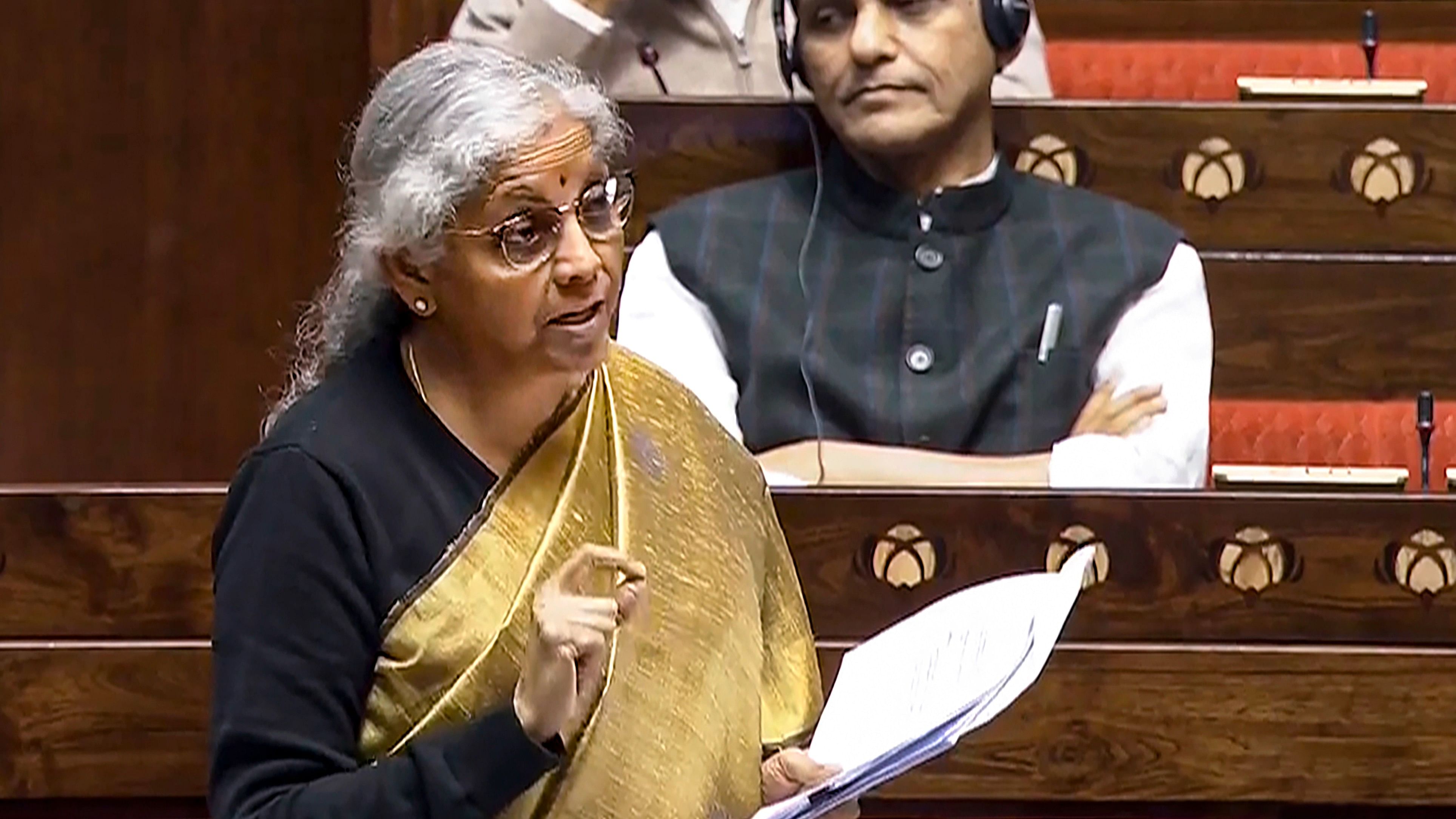 <div class="paragraphs"><p>Finance Minister Nirmala Sitharaman speaks in the Rajya Sabha during the Winter session of Parliament, in New Delhi, Thursday, Dec. 7, 2023.</p></div>