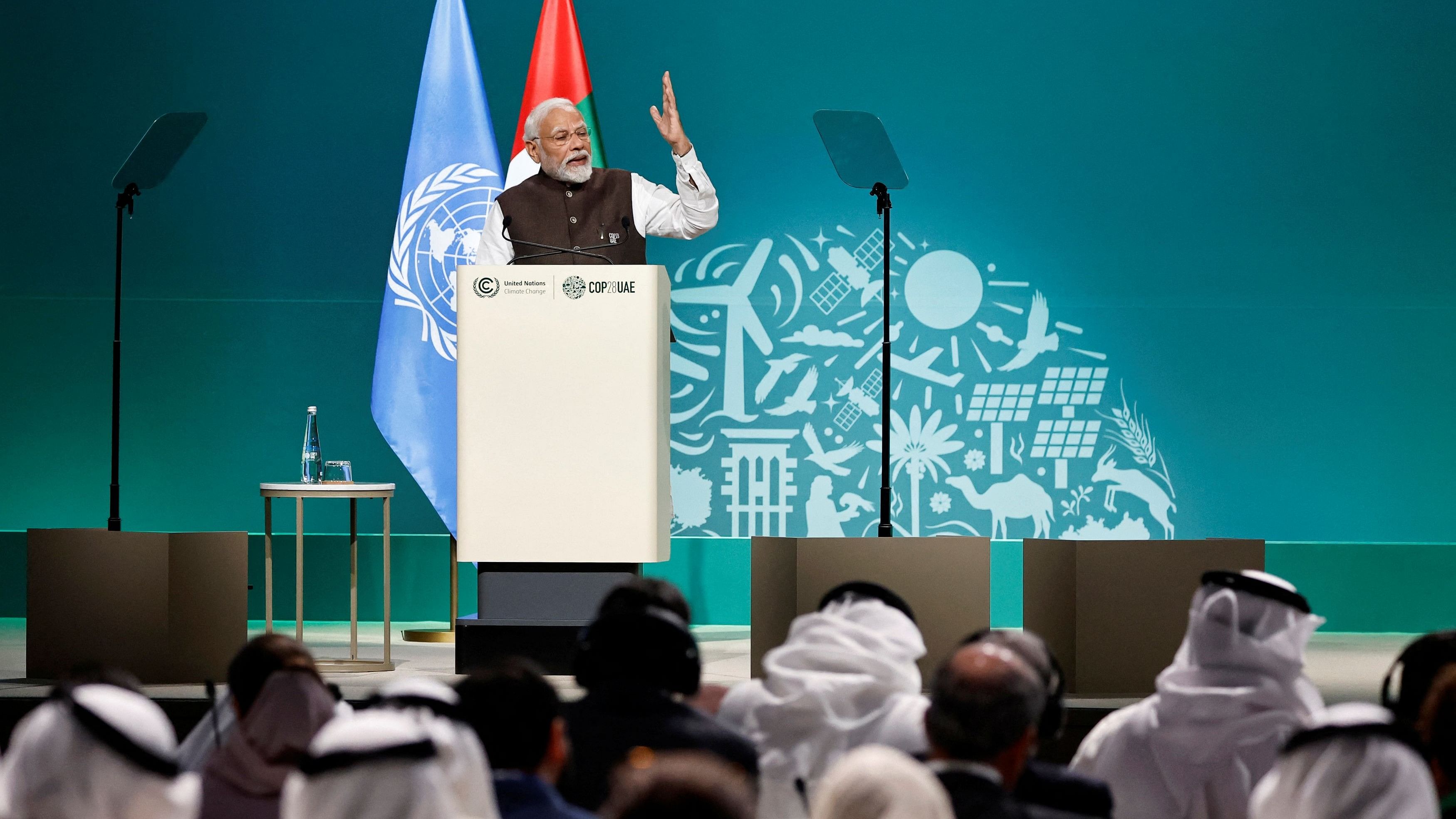 <div class="paragraphs"><p>Prime Minister Narendra Modi delivers a national statement at the World Climate Action Summit during the United Nations Climate Change Conference (COP28) in Dubai.&nbsp;</p></div>