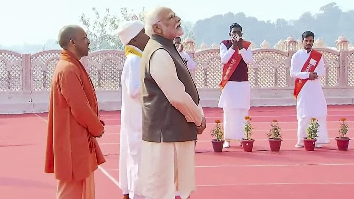 <div class="paragraphs"><p>Prime Minister Narendra Modi with Uttar Pradesh Chief Minister Yogi Adityanath during the inauguration of Swarved Mahamandir, in Varanasi.</p></div>