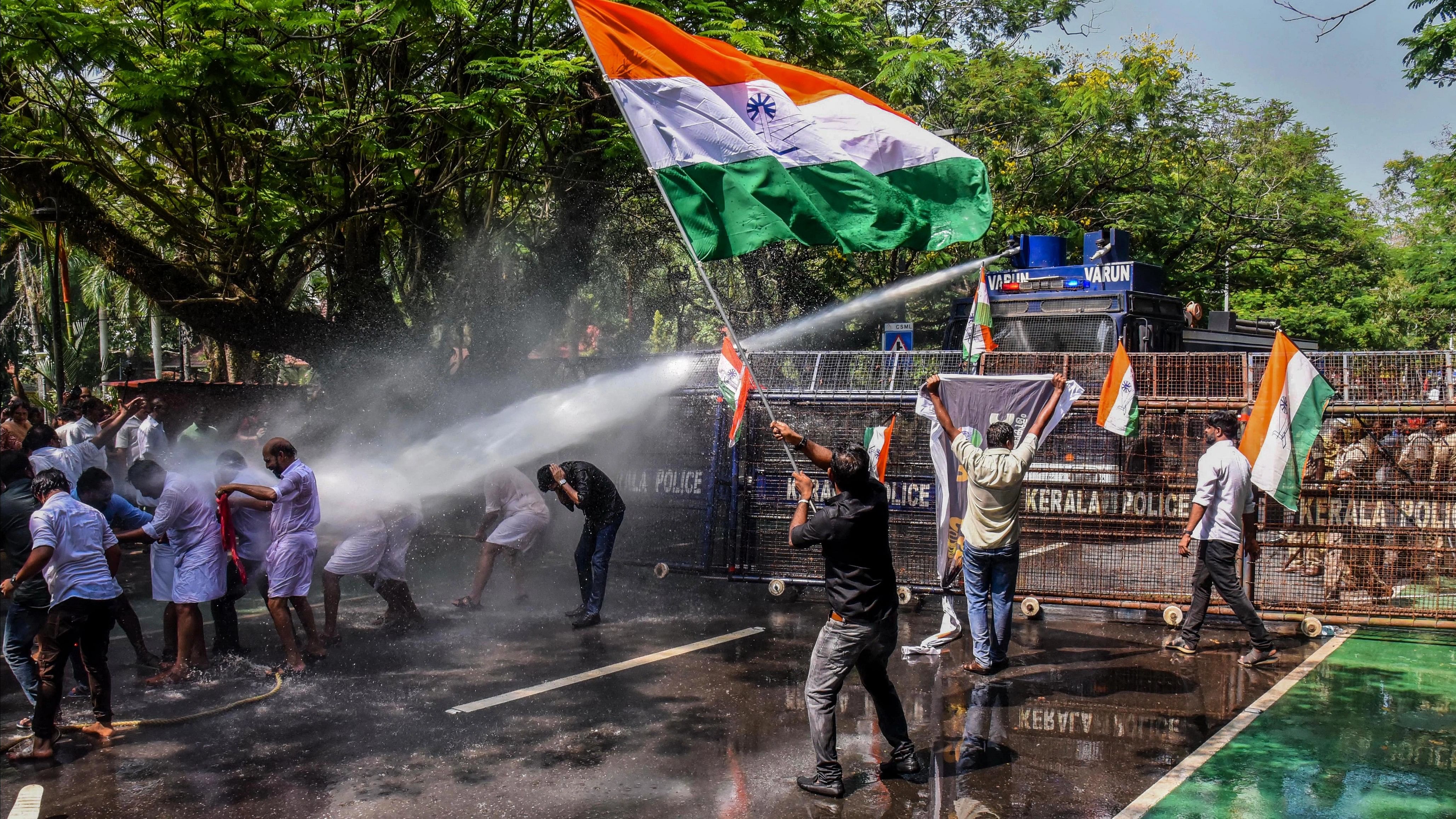 <div class="paragraphs"><p>Police use water cannons to disperse Congress workers during a protest march, in Kochi, Wednesday, Dec. 20, 2023. Congress workers protested across the state against alleged attacks by policemen on activists of the Youth Congress and the Kerala Students Union (KSU). </p></div>