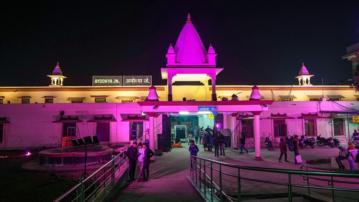 <div class="paragraphs"><p>Ayodhya railway station illuminated with colourful lights, in Ayodhya</p></div>