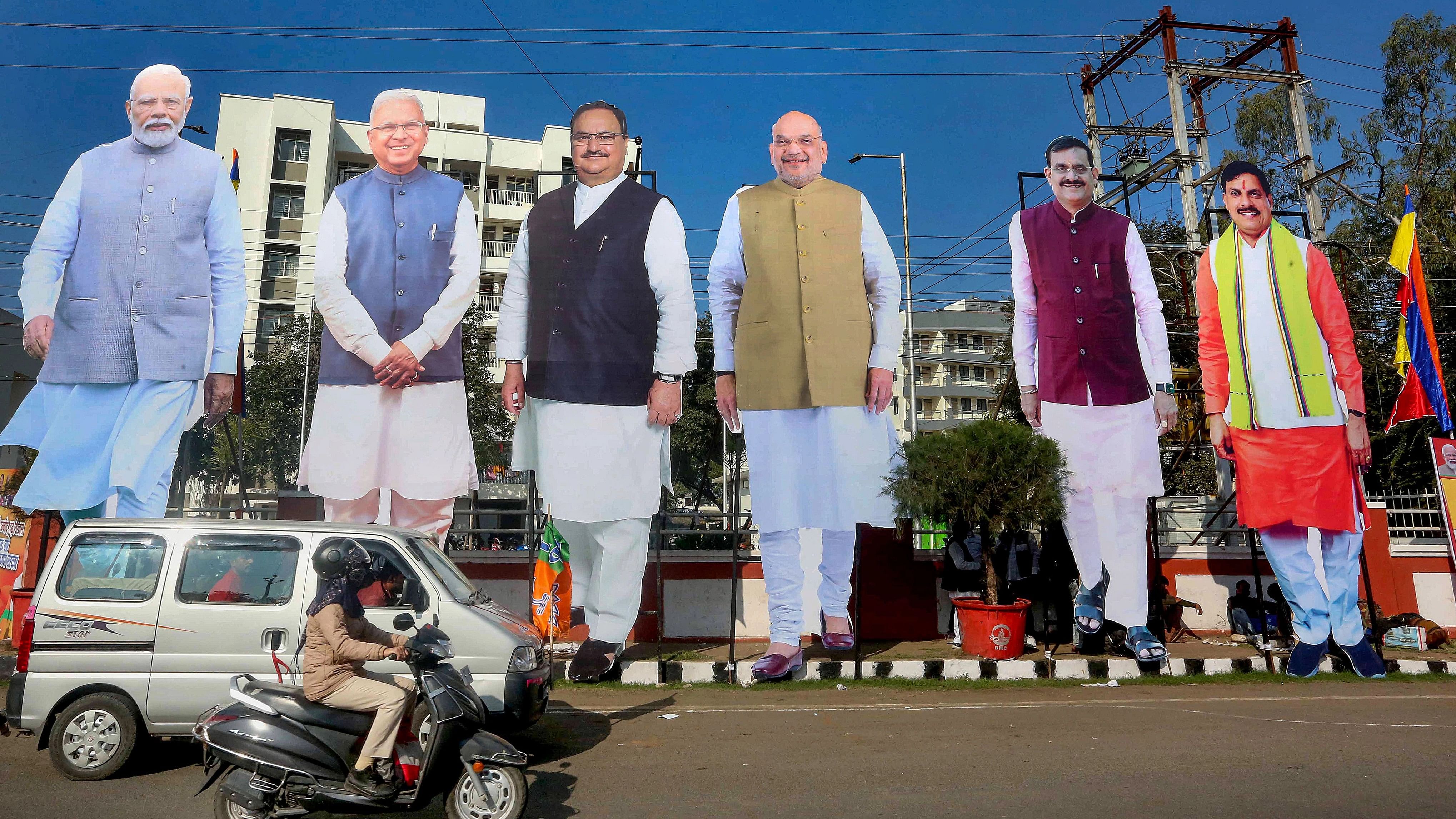<div class="paragraphs"><p>Bhopal: Cut-outs of Prime Minister Narendra Modi, Union Home Minister Amit Shah, BJP National President JP Nadda, Madhya Pradesh Governor Mangubhai Patel, MP BJP President VD Sharma and newly sworn-in State Chief Minister Mohan Yadav.</p></div>