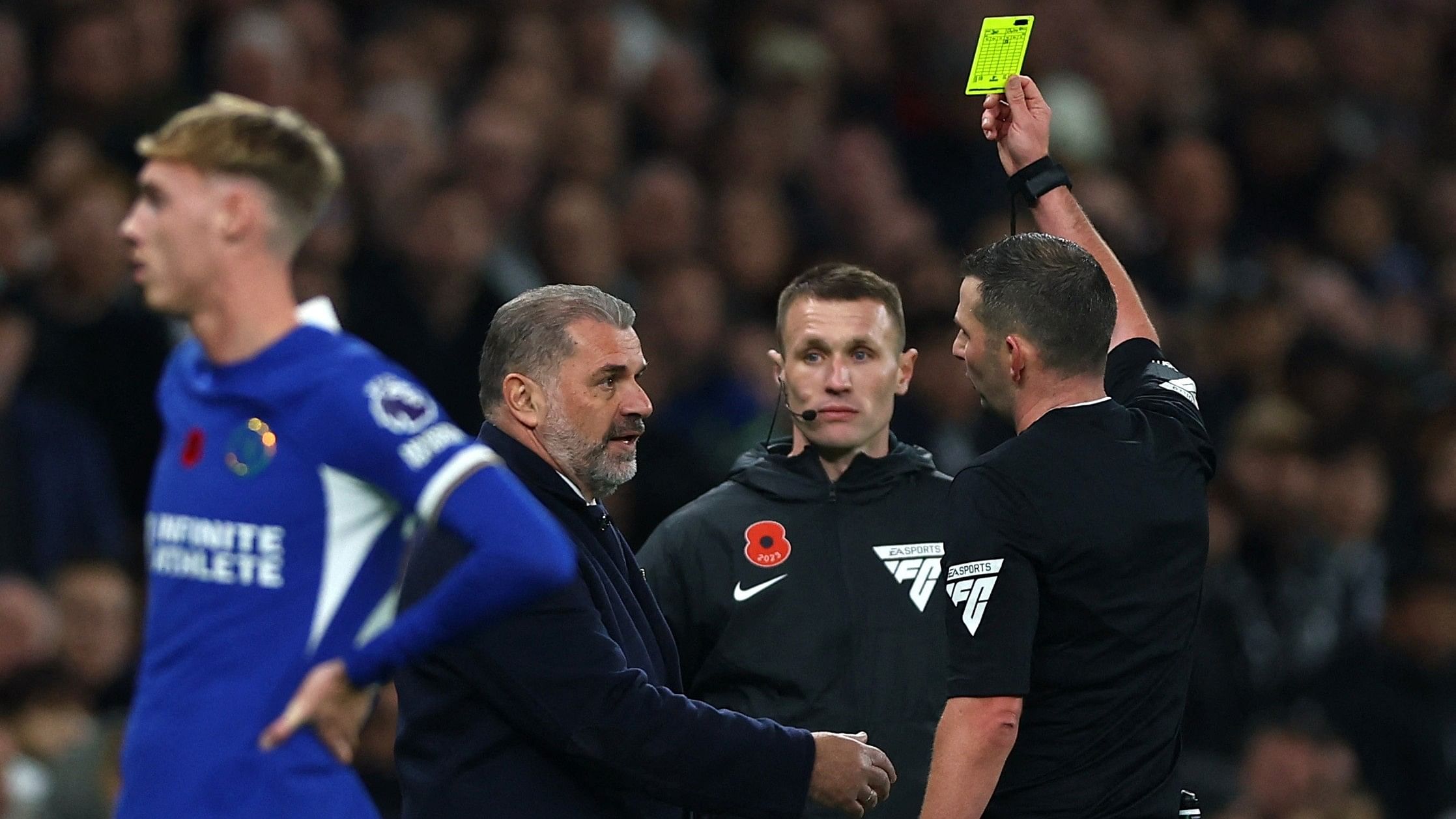 <div class="paragraphs"><p>Tottenham Hotspur manager Ange Postecoglou is shown a yellow card during their recent Premier League tie against Chelsea.&nbsp;</p></div>