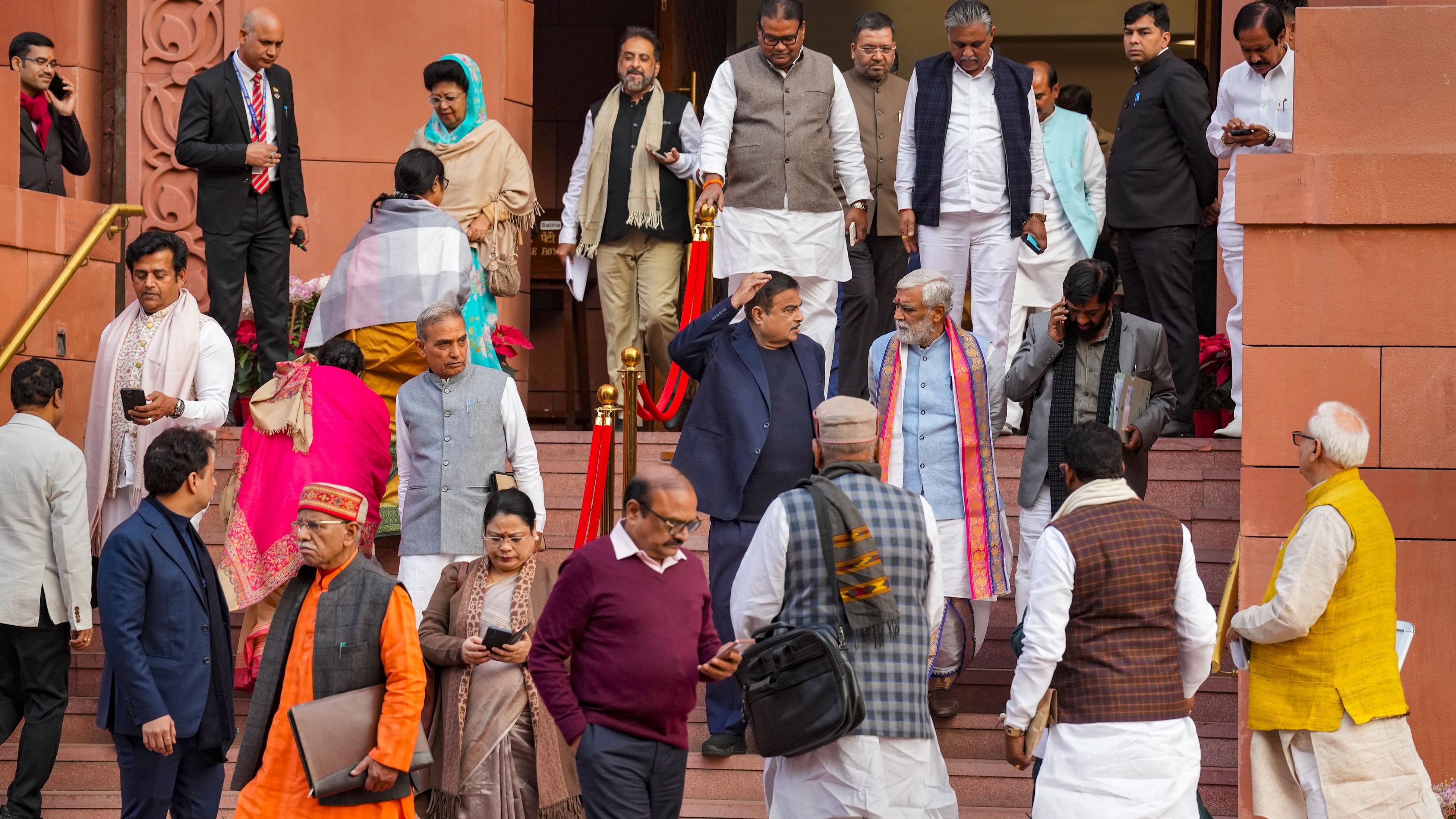 <div class="paragraphs"><p>Ministers and MPs leave after Lok Sabha was adjourned sine die during the Winter session of Parliament, in New Delhi, Thursday, Dec. 21, 2023.</p></div>