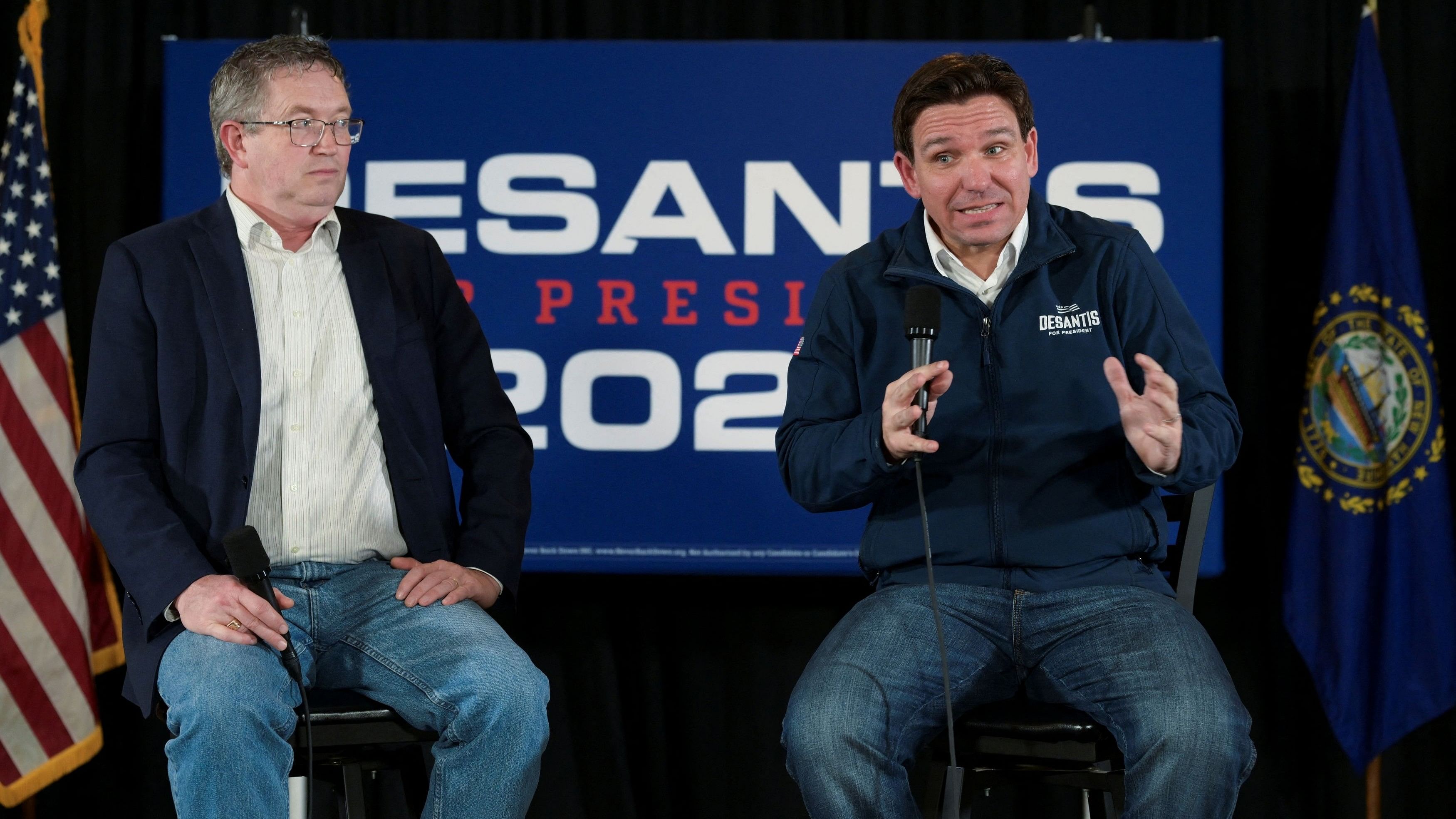 Republican presidential candidate Florida Governor Ron DeSantis campaigns with Congressman Thomas Massie at Laconia Liberty Town Hall hosted by Never Back Down in Laconia, New Hampshire, U.S., December 30, 2023.   REUTERS/Faith Ninivaggi