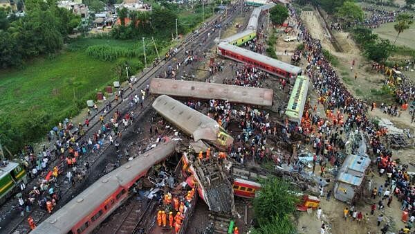 <div class="paragraphs"><p>A drone view shows derailed coaches after trains collided in Balasore district in the eastern state of Odisha.</p></div>