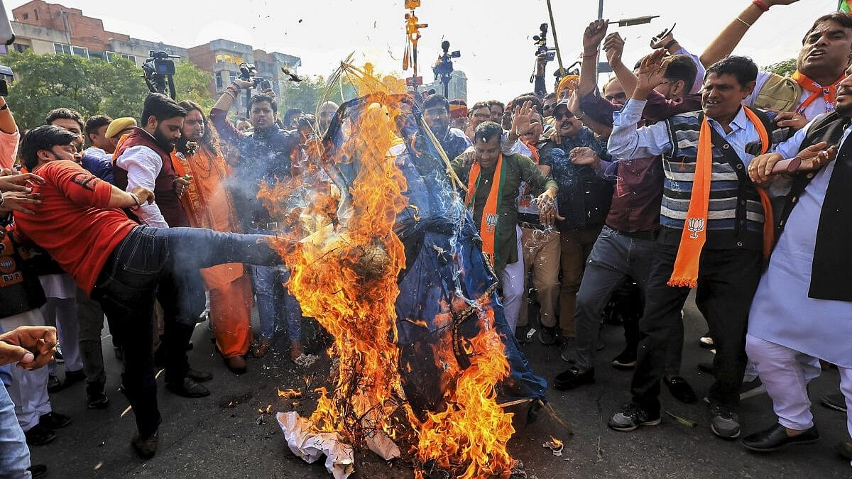 <div class="paragraphs"><p>File Photo: BJP MLA Swami Balmukund Acharya with party workers burn an effigy during a protest against Congress MP from Jharkhand Dheeraj Sahu over the corruption allegation against the latter.</p></div>