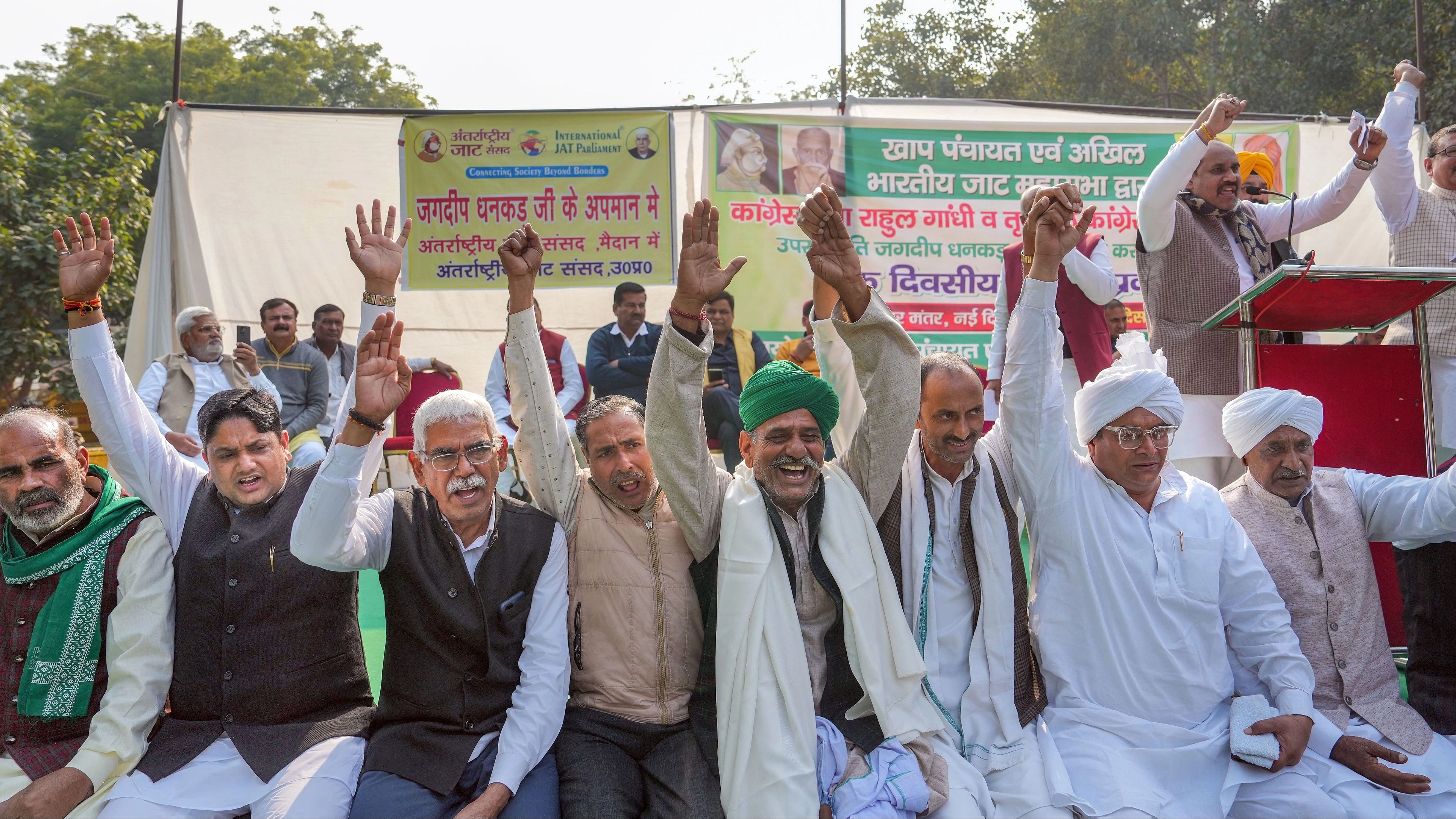 <div class="paragraphs"><p>Members of All India Jat Mahasabha during a demonstration to protest against TMC MP Kalyan Banerjee and Congress MP Rahul Gandhi over Rajya Sabha Chairman Jagdeep Dhankhar mimicry row, at Jantar Mantar, in New Delhi, Thursday, Dec. 21, 2023. </p></div>