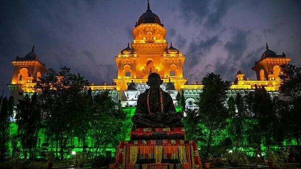 <div class="paragraphs"><p>Telangana Assembly building illuminated in tricolour ahead of the Assembly session, in Hyderabad, Friday, Dec 8, 2023</p></div>