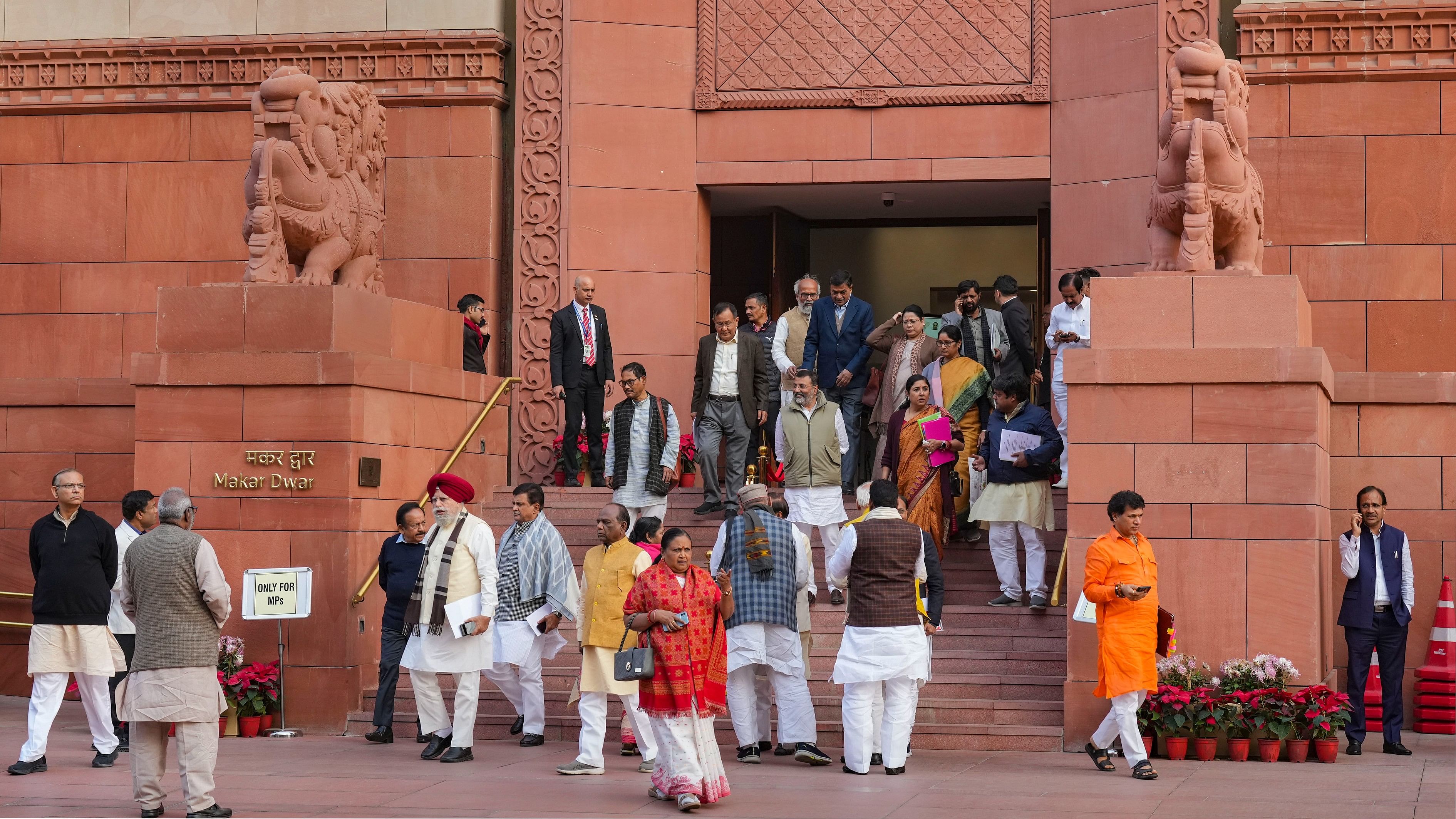 <div class="paragraphs"><p>MPs leave after Lok Sabha was adjourned sine die during the Winter session of Parliament, in New Delhi, Thursday, Dec. 21, 2023.</p></div>