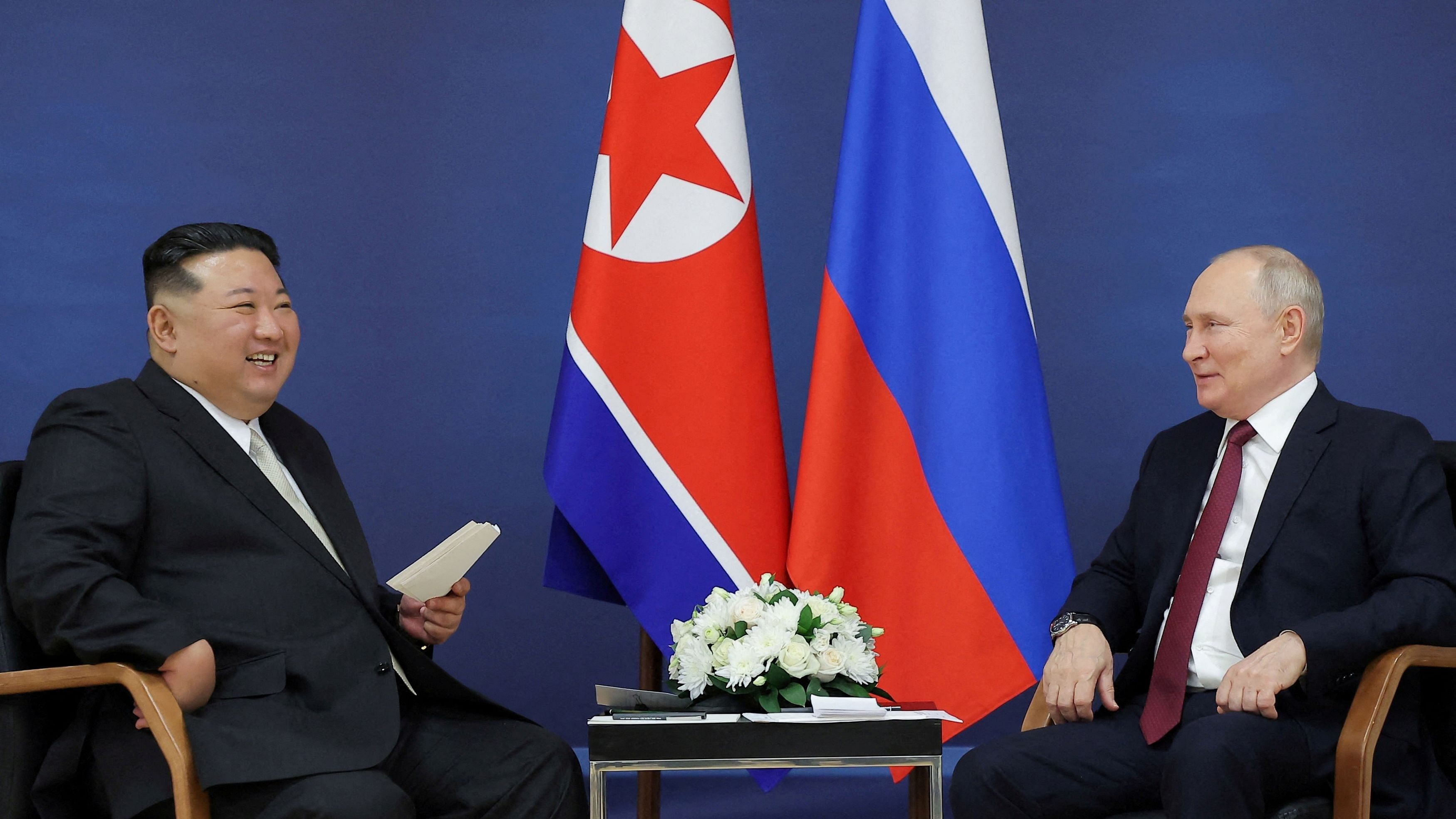 <div class="paragraphs"><p>Russia's President Vladimir Putin and North Korea's leader Kim Jong Un attend a meeting at the Vostochny.</p></div>