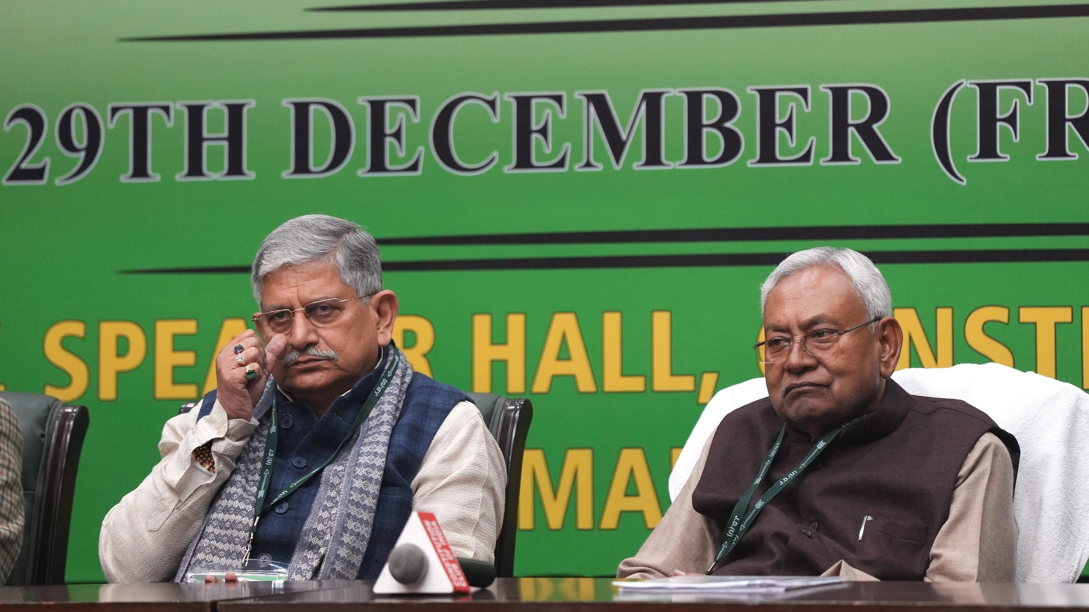 <div class="paragraphs"><p>Bihar Chief Minister Nitish Kumar and JD(U) National President Lalan Singh convene the party's national executive meeting, in New Delhi, Friday, December 29, 2023. </p></div>