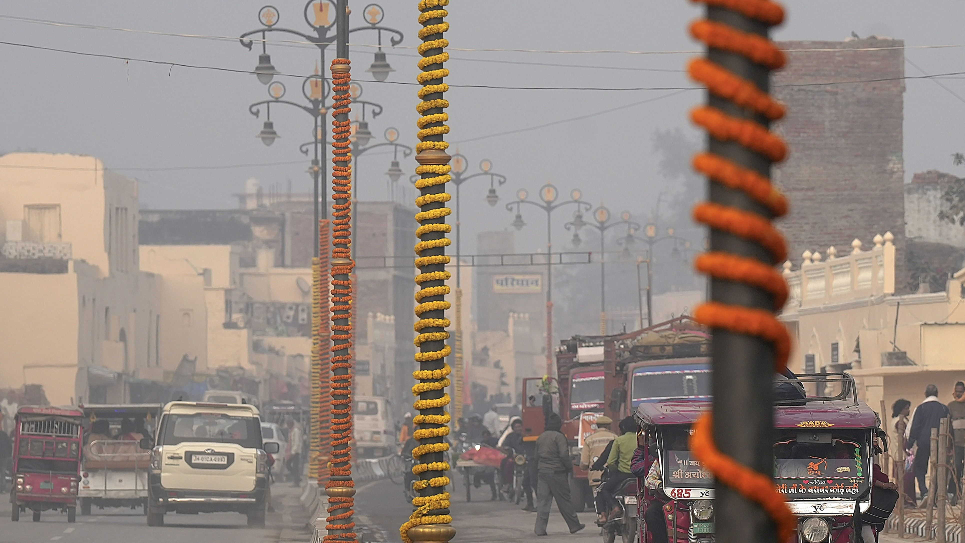 <div class="paragraphs"><p>Street light poles adorned with flowers ahead of Prime Minister Narendra Modi's visit.</p></div>