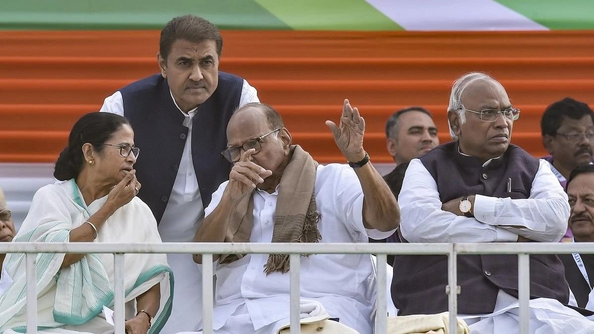 <div class="paragraphs"><p>Mamata Banerjee with I.N.D.I.A alliance partners Sharad Pawar and Mallikarjun Kharge.</p></div>