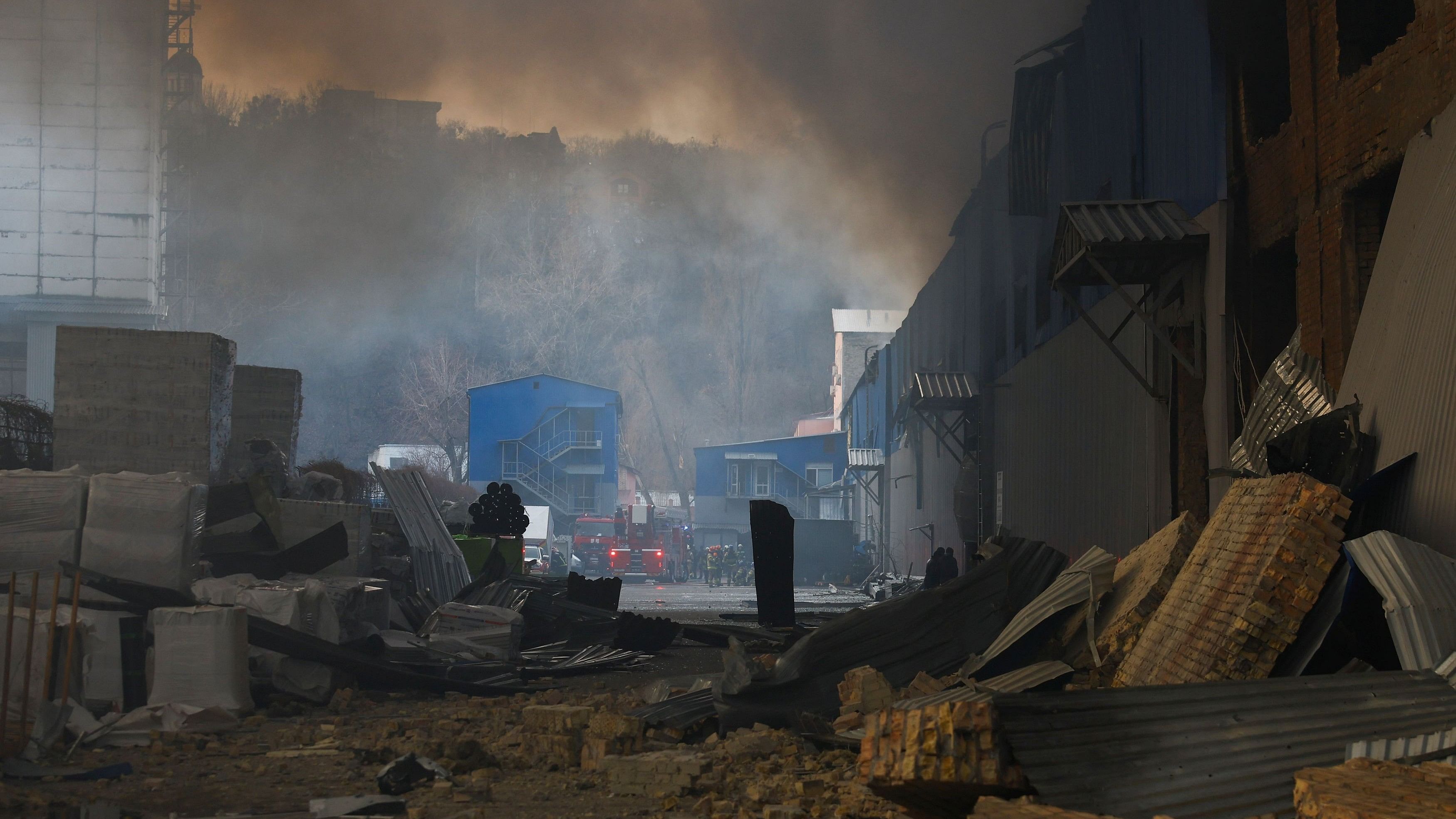 <div class="paragraphs"><p>Fire engines stand at the site of a warehouse heavily damaged during a Russian missile strike, amid Russia's attack on Ukraine, in Kyiv, Ukraine.&nbsp;</p></div>