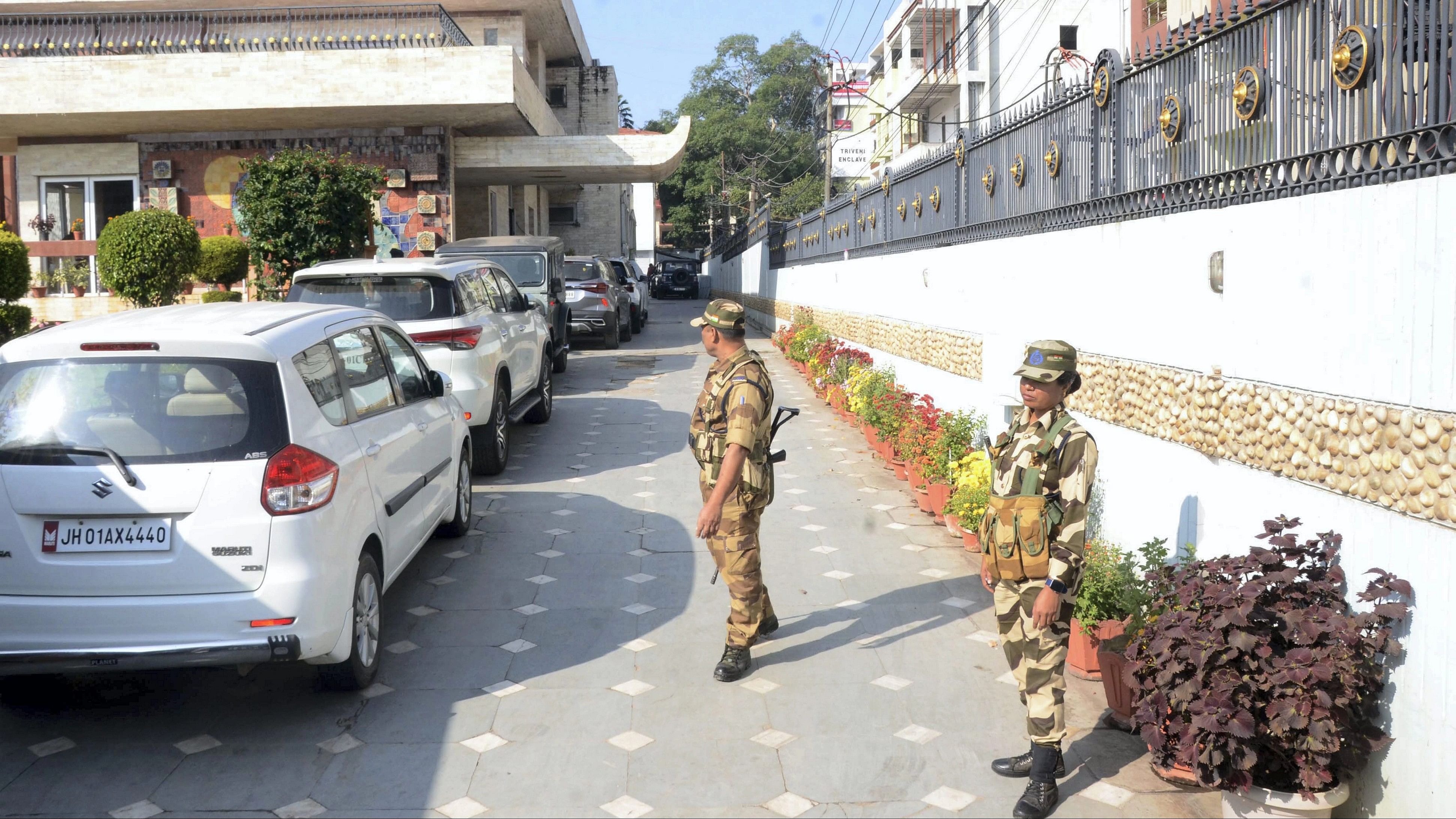 <div class="paragraphs"><p>Ranchi: Security personnel during a raid by the Income Tax department on the residence of Congress MP Dhiraj Prasad Sahu in connection with a disproportionate assets case, in Ranchi, Monday.</p></div>