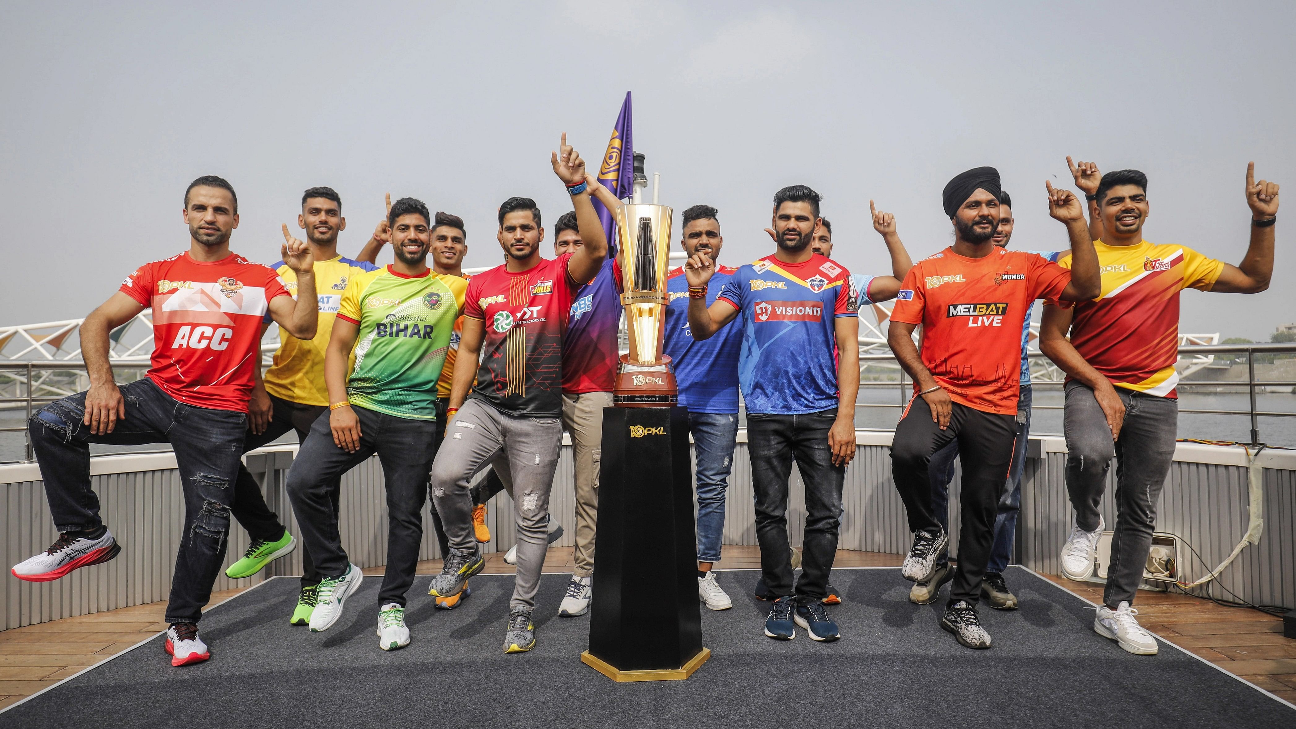 <div class="paragraphs"><p>Ahmedabad: Captains of Pro Kabaddi League Season 10 teams (front row, from left) Fazel Atrachali (Gujarat Giants), Neeraj Kumar (Patna Pirates), Saurabh Nandal (Bengaluru Bulls), Pardeep Narwal (UP Yoddhas), Surinder Singh (U Mumba), Pawan Sehrawat (Telugu Titans) and (back row, from left) Sagar Rathee (Tamil Thalaivas), Aslam Inamdar (Puneri Paltan), Naveen Kumar (Dabang Delhi KC), Mohit Nandal (Haryana Steelers), Sunil Kumar (Jaipur Pink Panthers), Maninder Singh (Bengal Warriors) pose with the trophy, in Ahmedabad.</p></div>