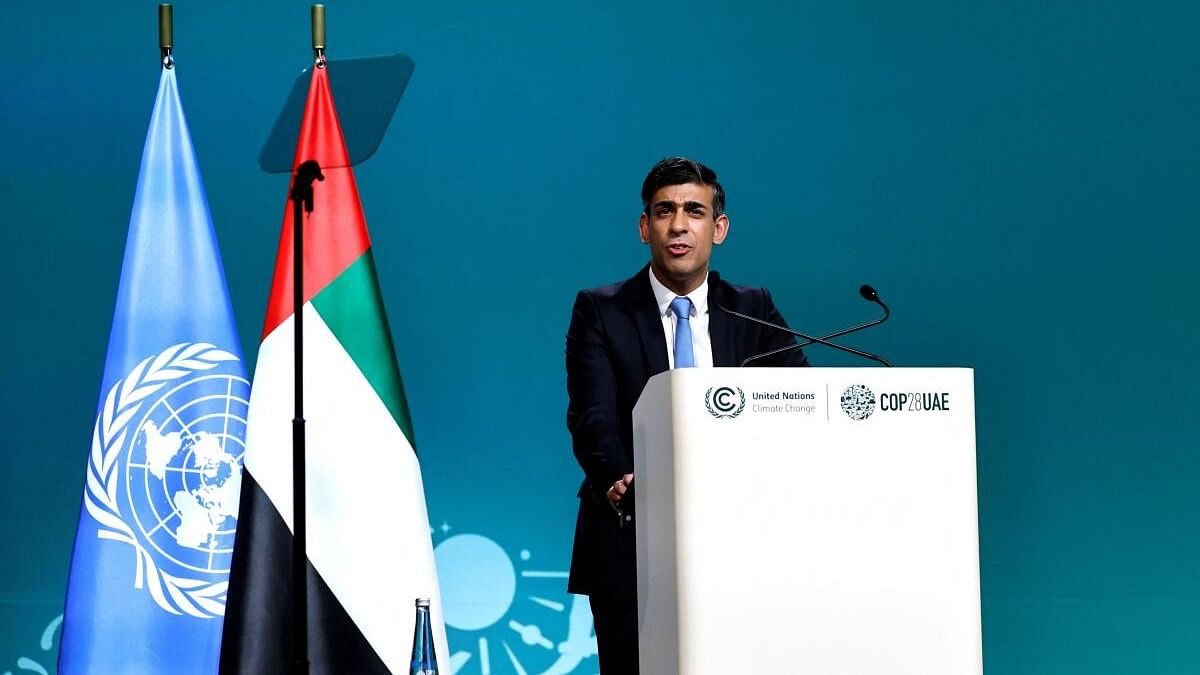 <div class="paragraphs"><p>British Prime Minister Rishi Sunak delivers a national statement at the World Climate Action Summit during the United Nations Climate Change Conference (COP28) in Dubai.</p></div>