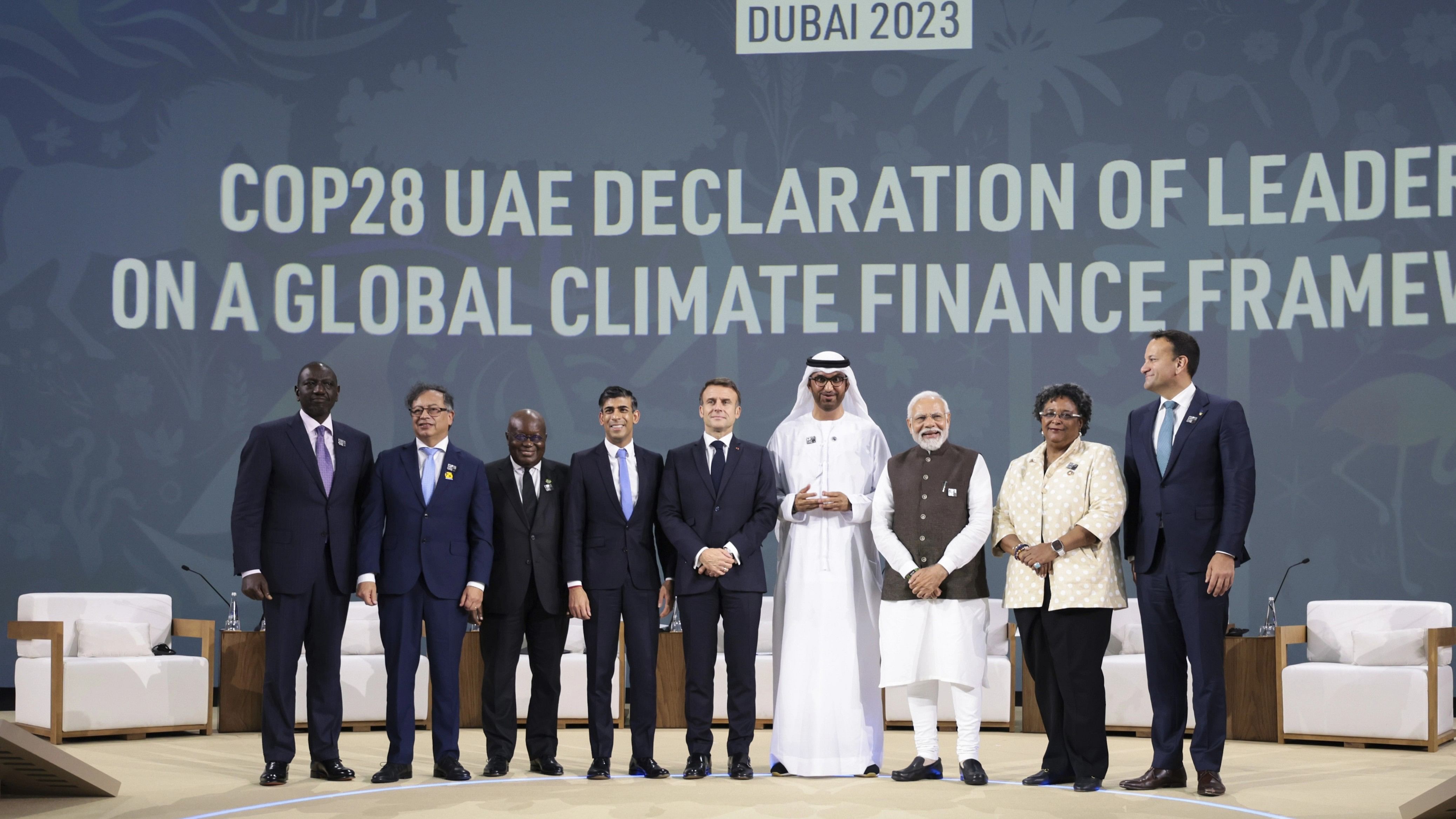 <div class="paragraphs"><p> Prime Minister Narendra Modi with world leaders at a session on 'Transforming Climate Finance' during the COP28, in Dubai, UAE.</p></div>