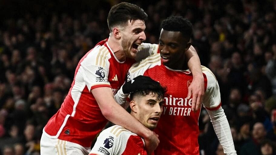 <div class="paragraphs"><p>Arsenal's Kai Havertz celebrates scoring their second goal with Declan Rice and Eddie Nketiah</p></div>