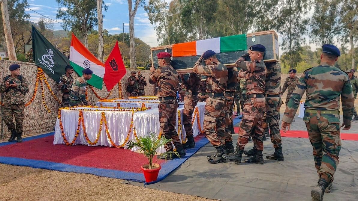 <div class="paragraphs"><p>Army soldiers carry mortal remains of four Army personnel killed in a recent militant attack during a wreath laying ceremony, in Poonch, Sunday, Dec. 24, 2023.</p></div>