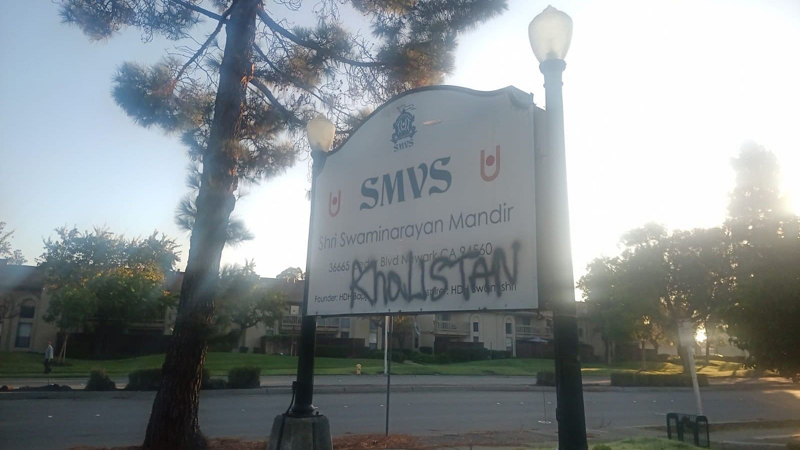 <div class="paragraphs"><p>A board at Shri Swaminarayan Mandir Hindu temple that was vandalised.&nbsp;</p></div>