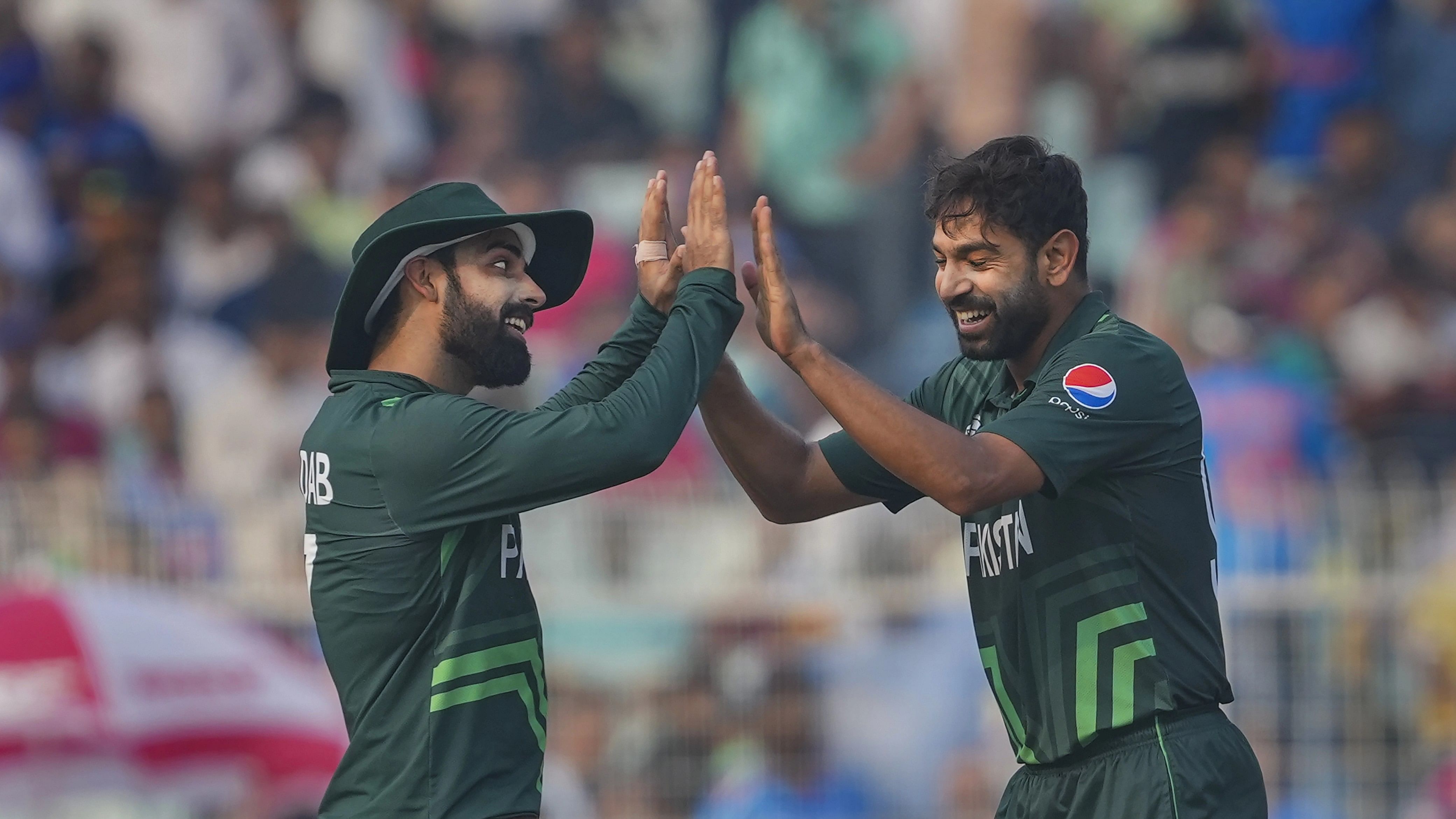 <div class="paragraphs"><p>Pakistan's bowler Haris Rauf celebrates the wicket of England's batter Jonny Bairstow during the ICC Men's Cricket World Cup 2023 match between England and Pakistan, at the Eden Gardens in Kolkata.</p></div>