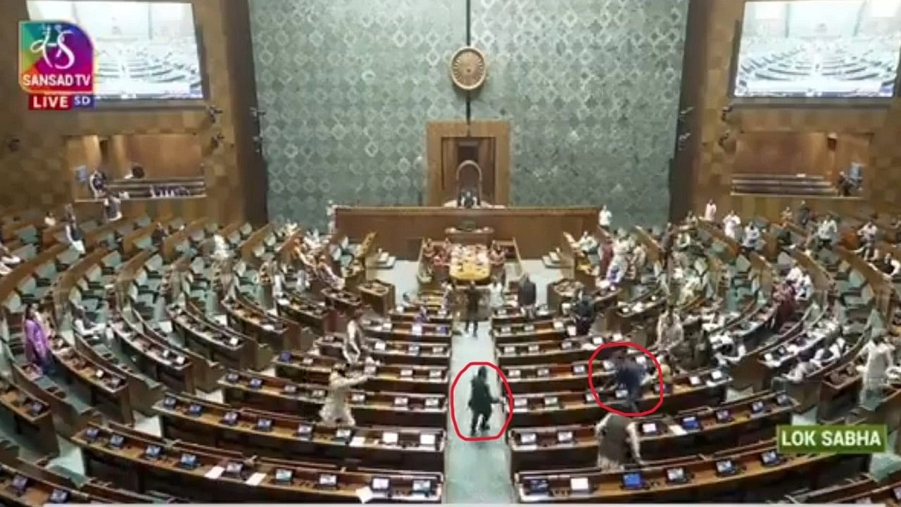 <div class="paragraphs"><p>Screengrab of video showing security breach in Lok Sabha. The intruders are circled in red.</p></div>